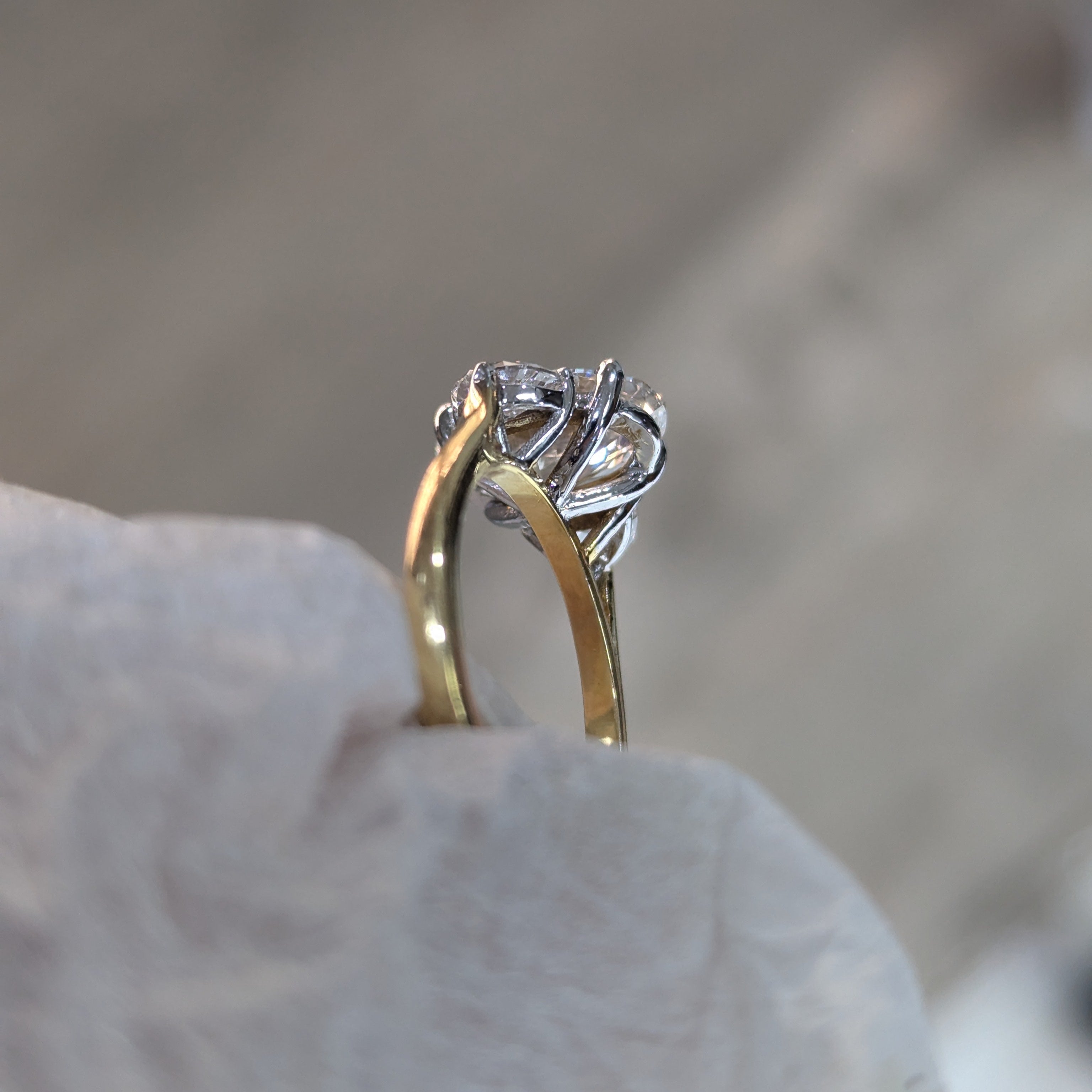 Oval 3.00tcw Lab Grown Diamond Cathedral Two Tone Three Stone Engagement Ring, D-E-F Color, VVS-VS Clarity