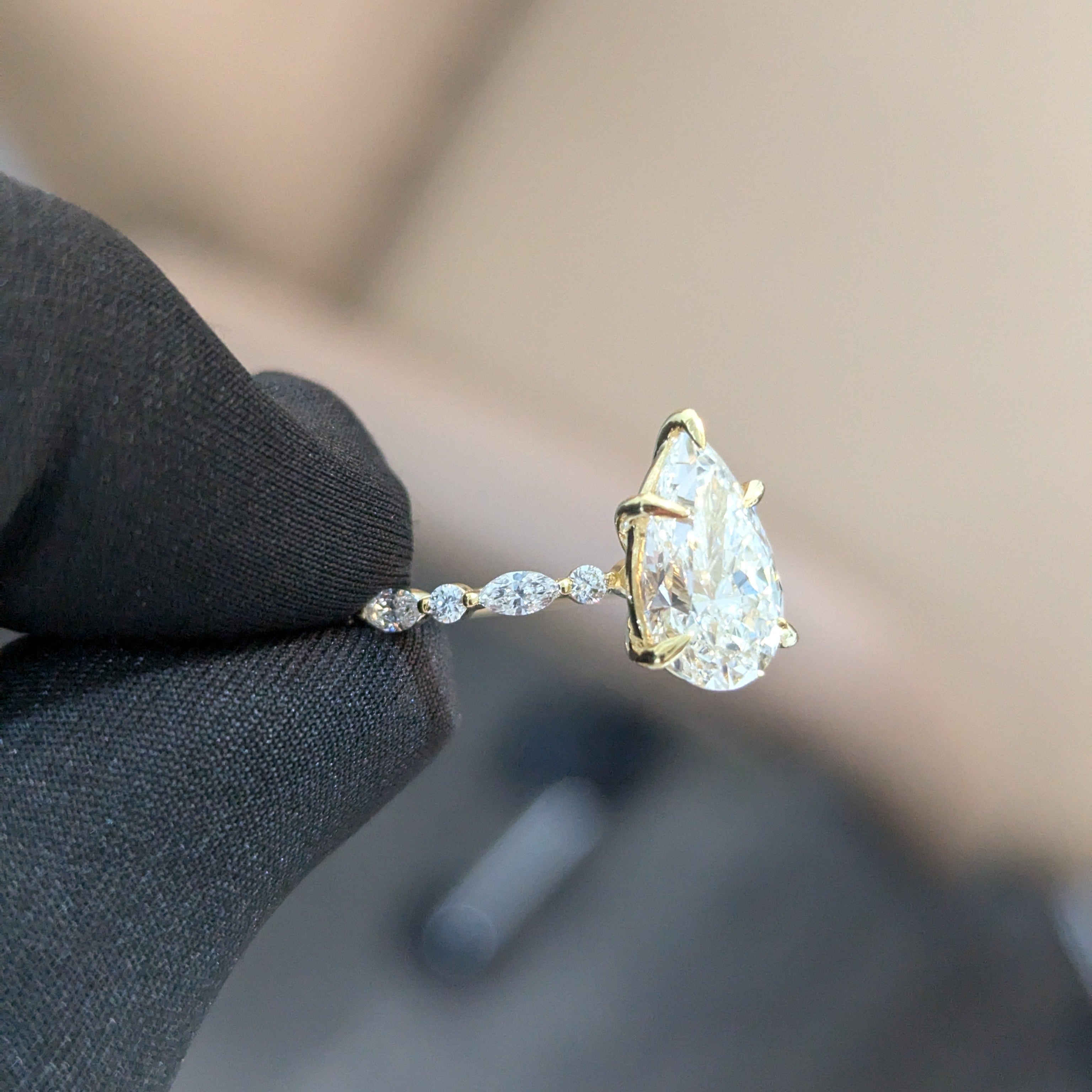 Pear 3.15tcw Lab Grown Diamond Side Stone Engagement Ring, DEF Color, VVS-VS Clarity - IGI Certificate