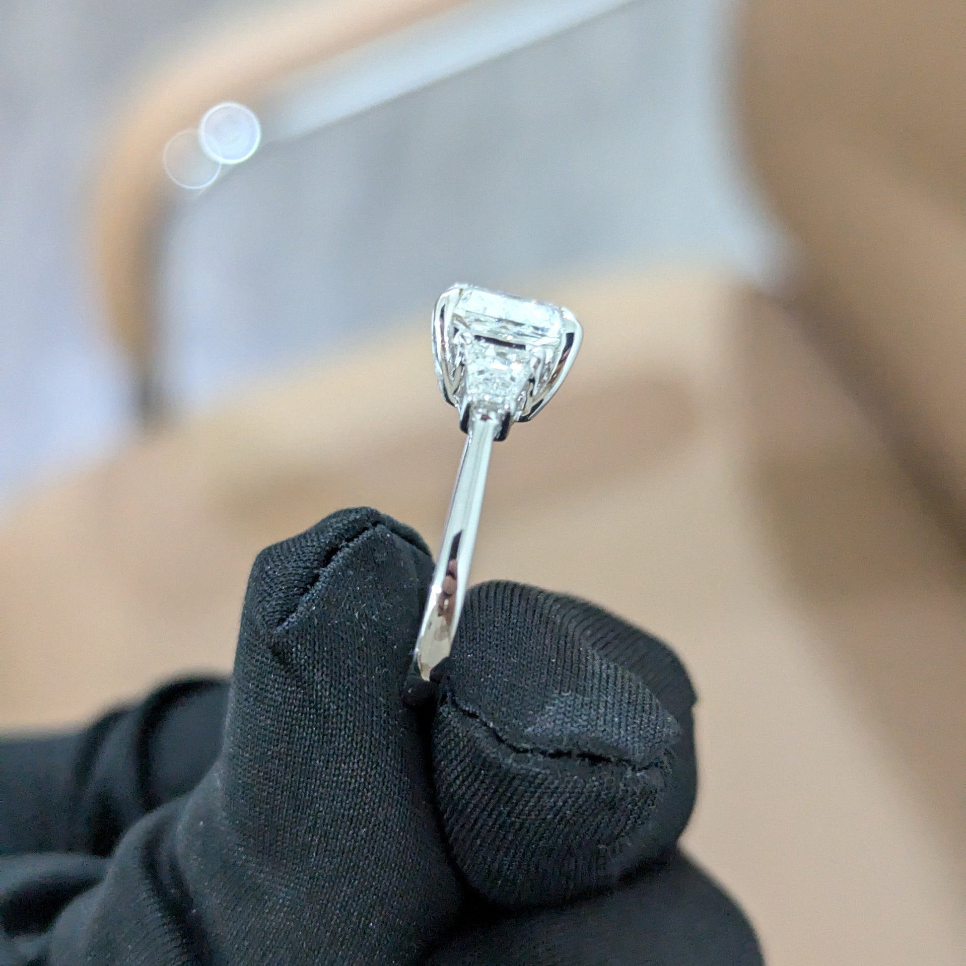 Three Stone 3.50tcw Cushion Lab Grown Diamond Ring | Trapezoid Accents | IGI Certified