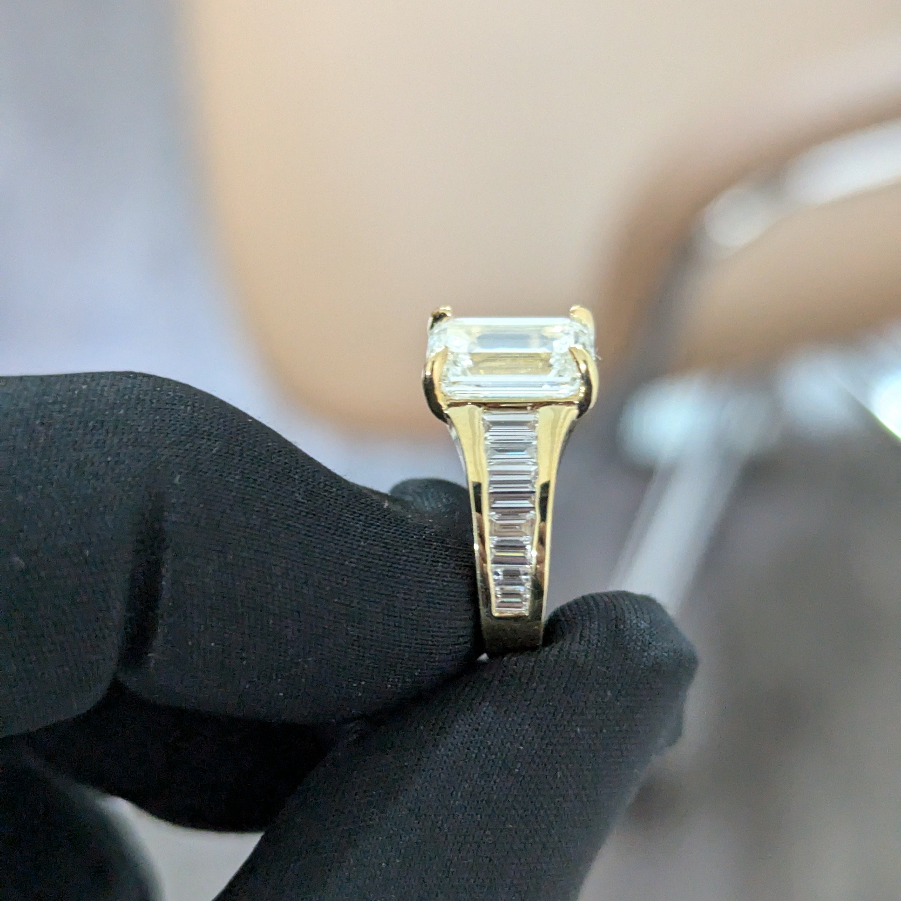 Emerald 3.65tcw Lab Grown Diamond Channel Set Baguette Diamond Engagement Ring, DEF Color, VVS-VS Clarity