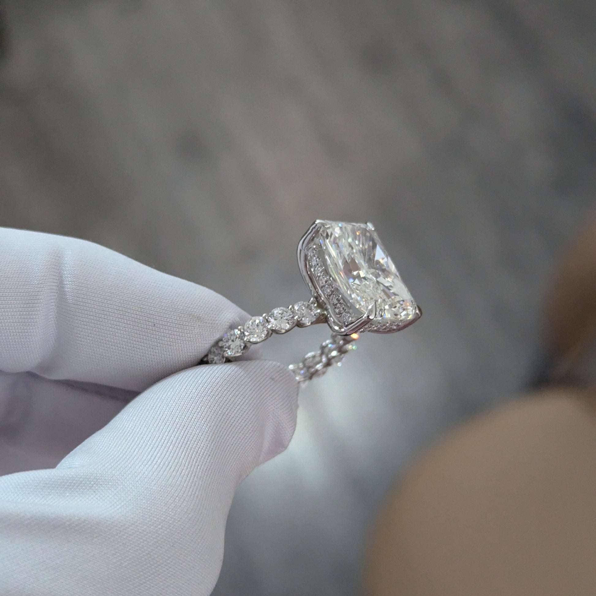Radiant 12.80tcw Lab Diamond Ring | Hidden Halo | Scalloped Pavé | IGI Certified | EF VS