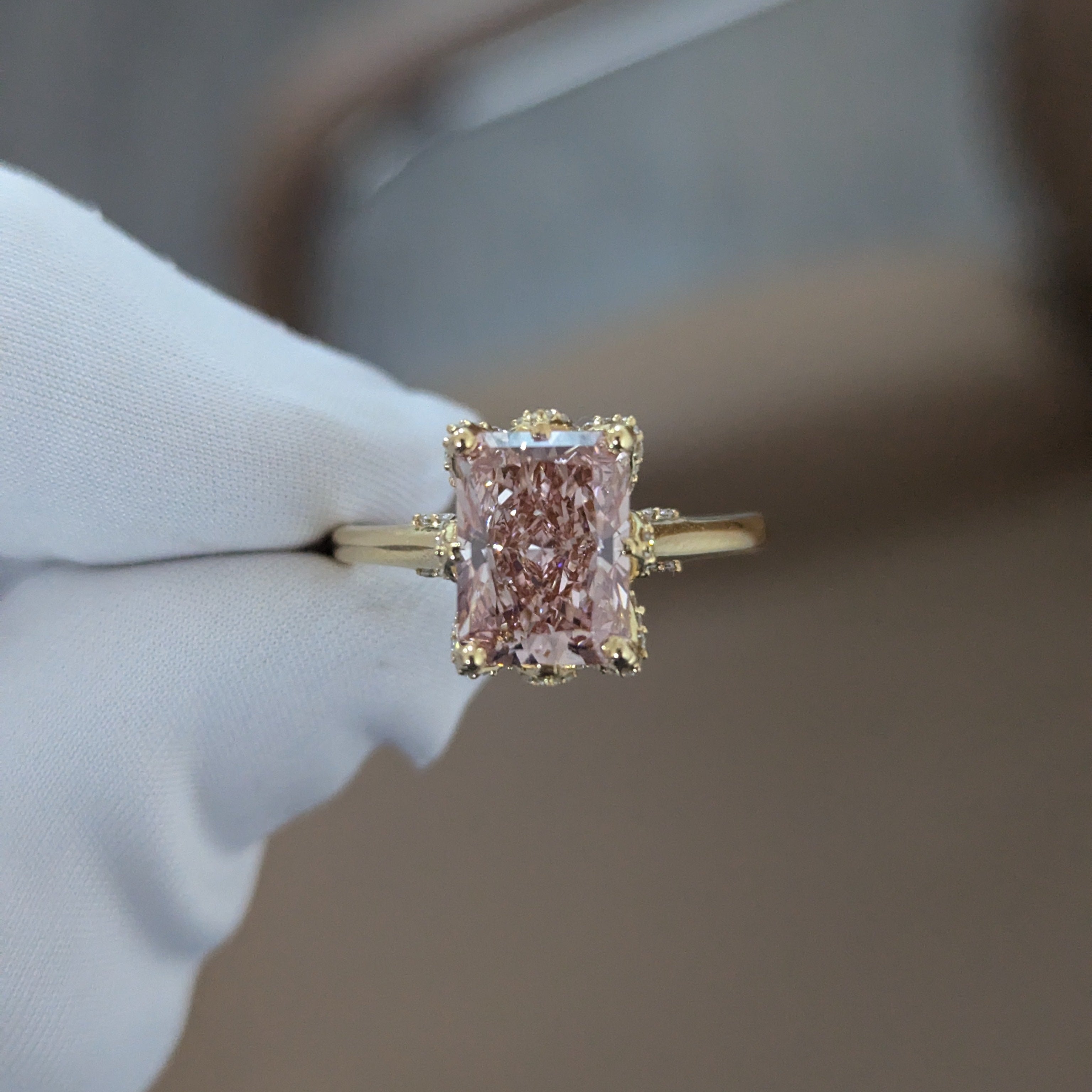 Radiant 3.30tcw Fancy Pink Lab Diamond Ring | IGI Certified | White Gold | Round Side Stones | Ethical Engagement Ring