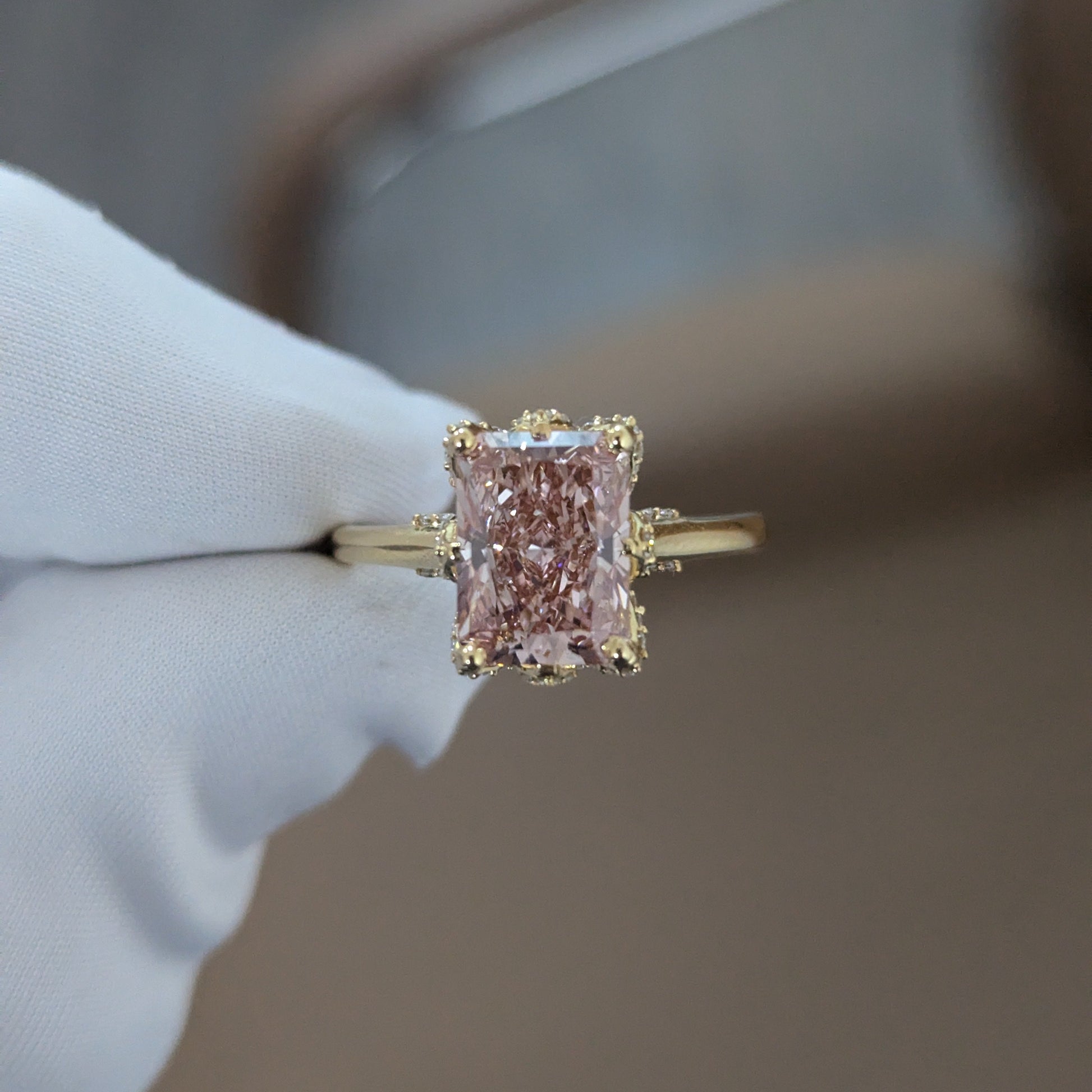 Radiant 3.30tcw Fancy Pink Lab Diamond Ring | IGI Certified | White Gold | Round Side Stones | Ethical Engagement Ring