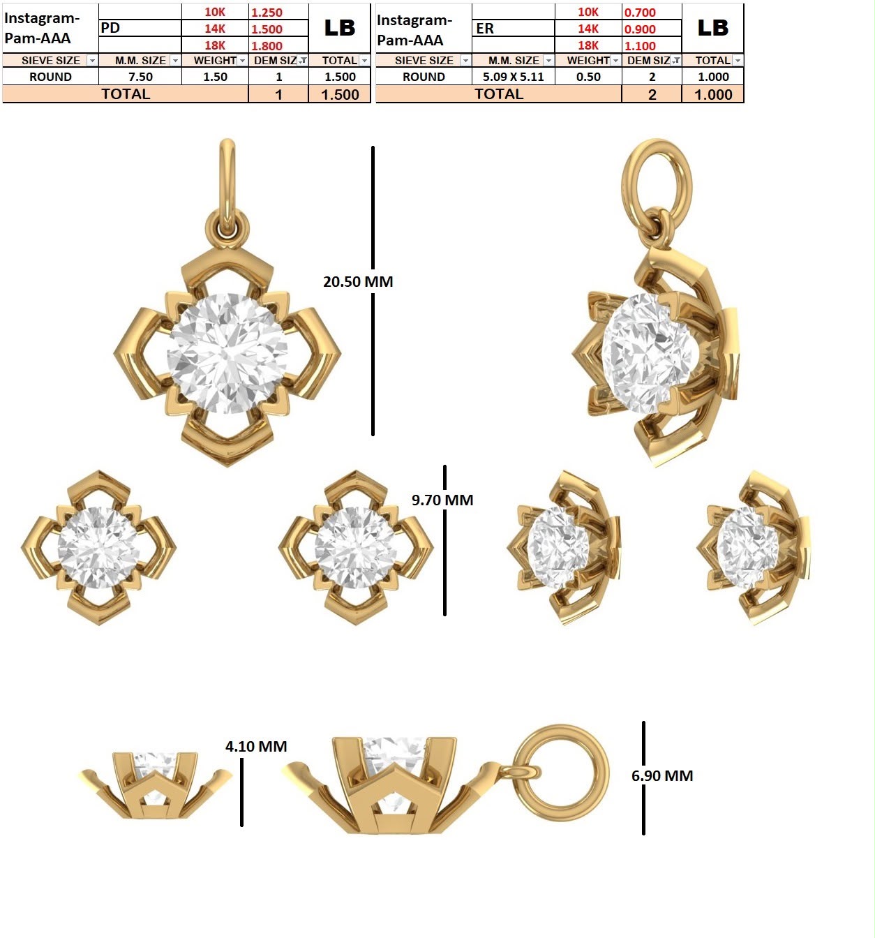 Custom order - Pam | 10 Earrings and 10 pendants | 14k yellow gold | B2B order