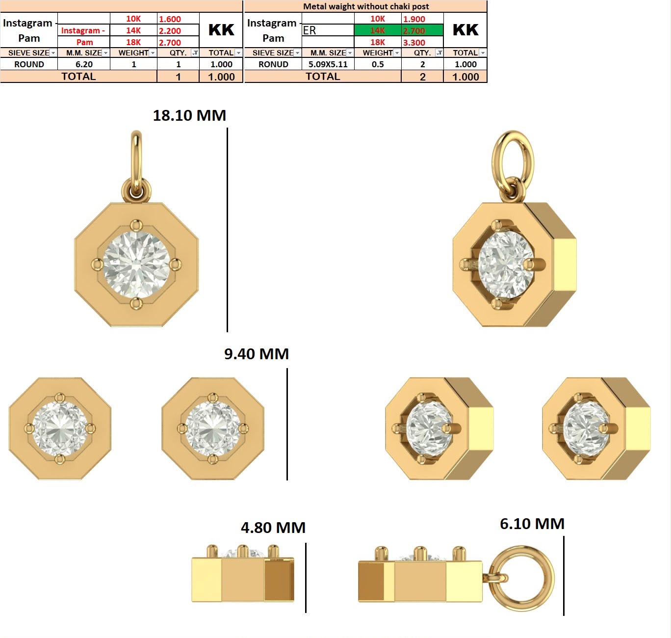 Custom order - Pam | 10 Earrings and 10 pendants | 14k yellow gold | B2B order