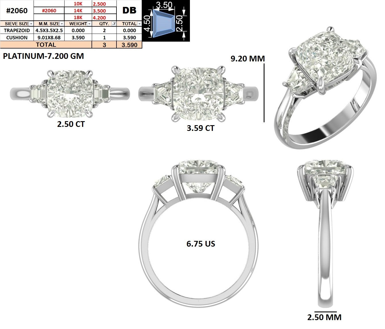 Custom Order -  Pat Melville| Stone Upgradation | 3.5ct Cushion Diamond | Color/Clarity - D-E/VS-VVS | Order Number - 2060