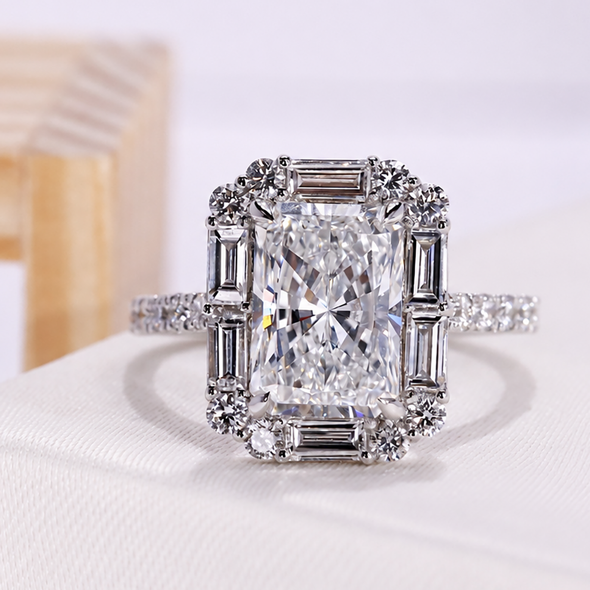 3.00 Carat Radiant Cut Lab Grown Diamond Engagement Ring with Side Stones and Pave Band