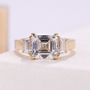 3.00 carat lab grown Asscher cut three stone engagement ring