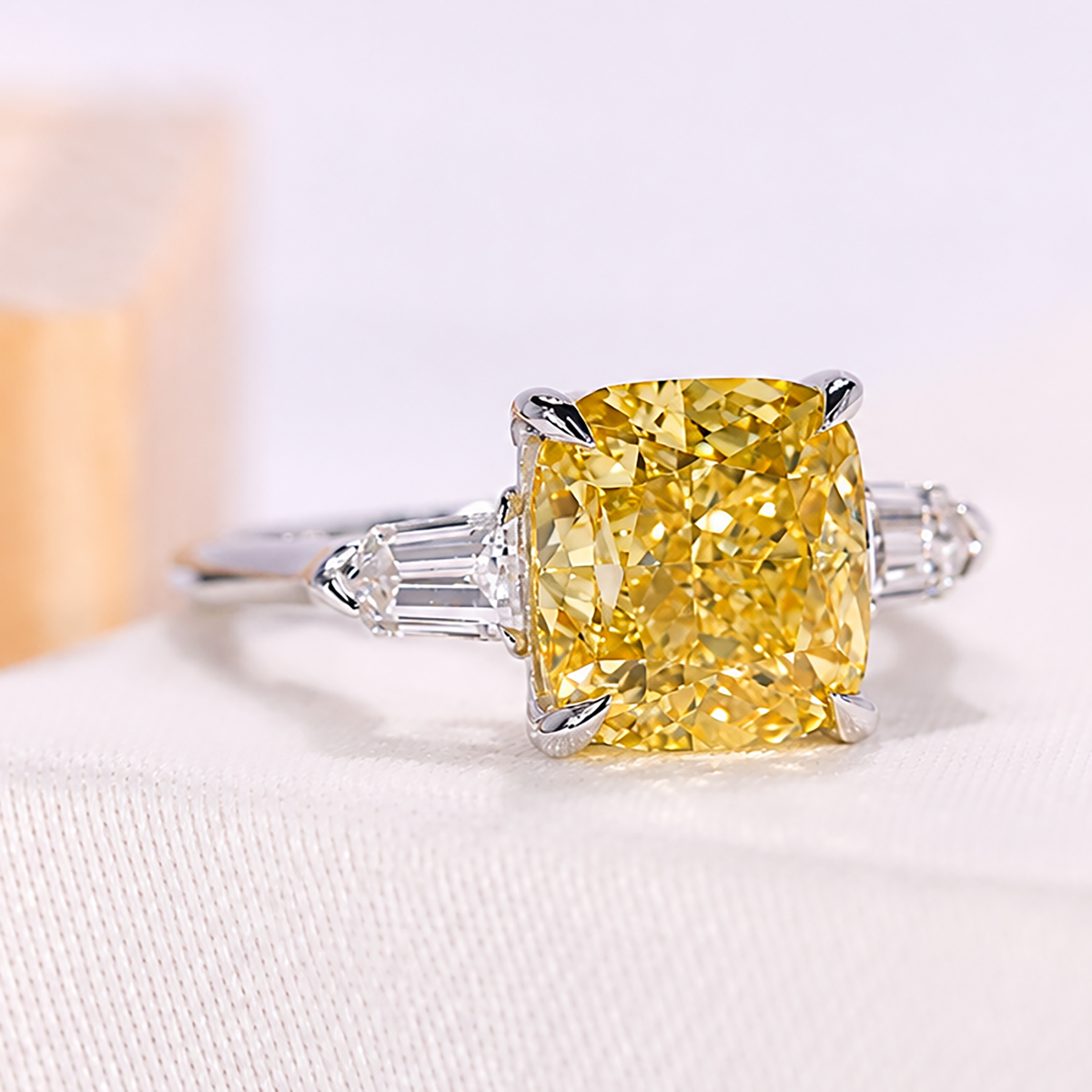 4 prong yellow cushion cut diamond ring