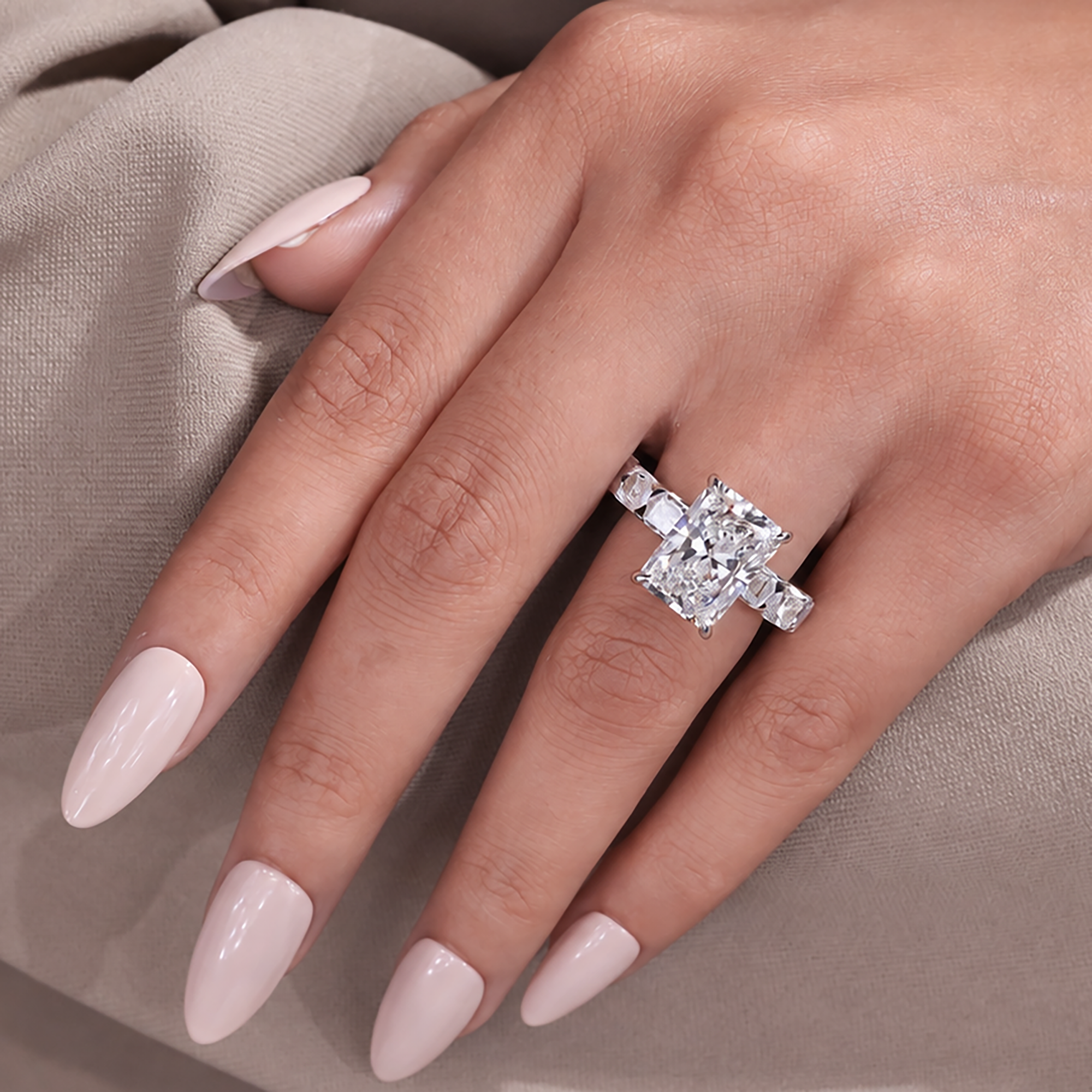 IGI certified radiant cut lab grown diamond engagement ring with diamond side stones