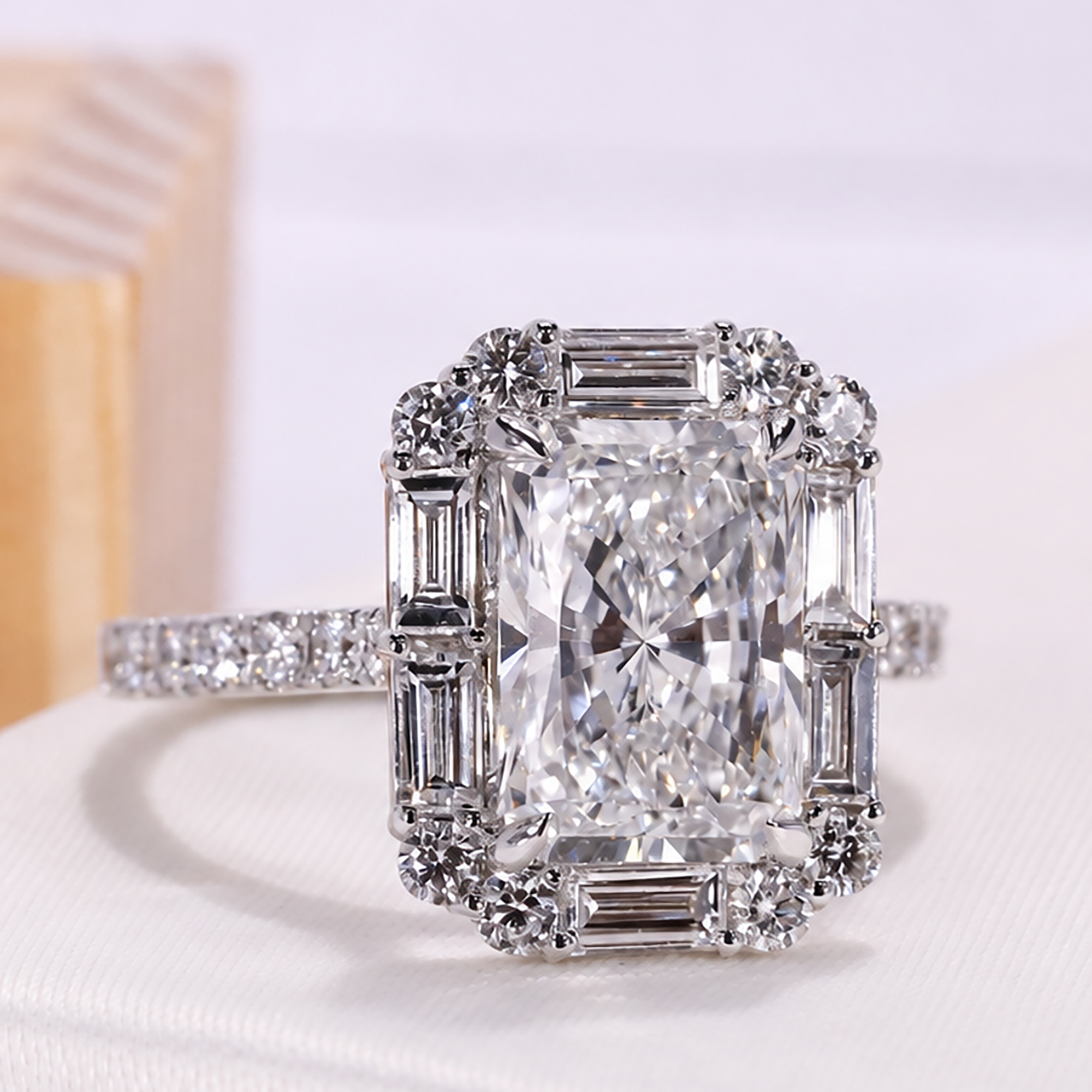  radiant-cut halo engagement ring with a pavé band
