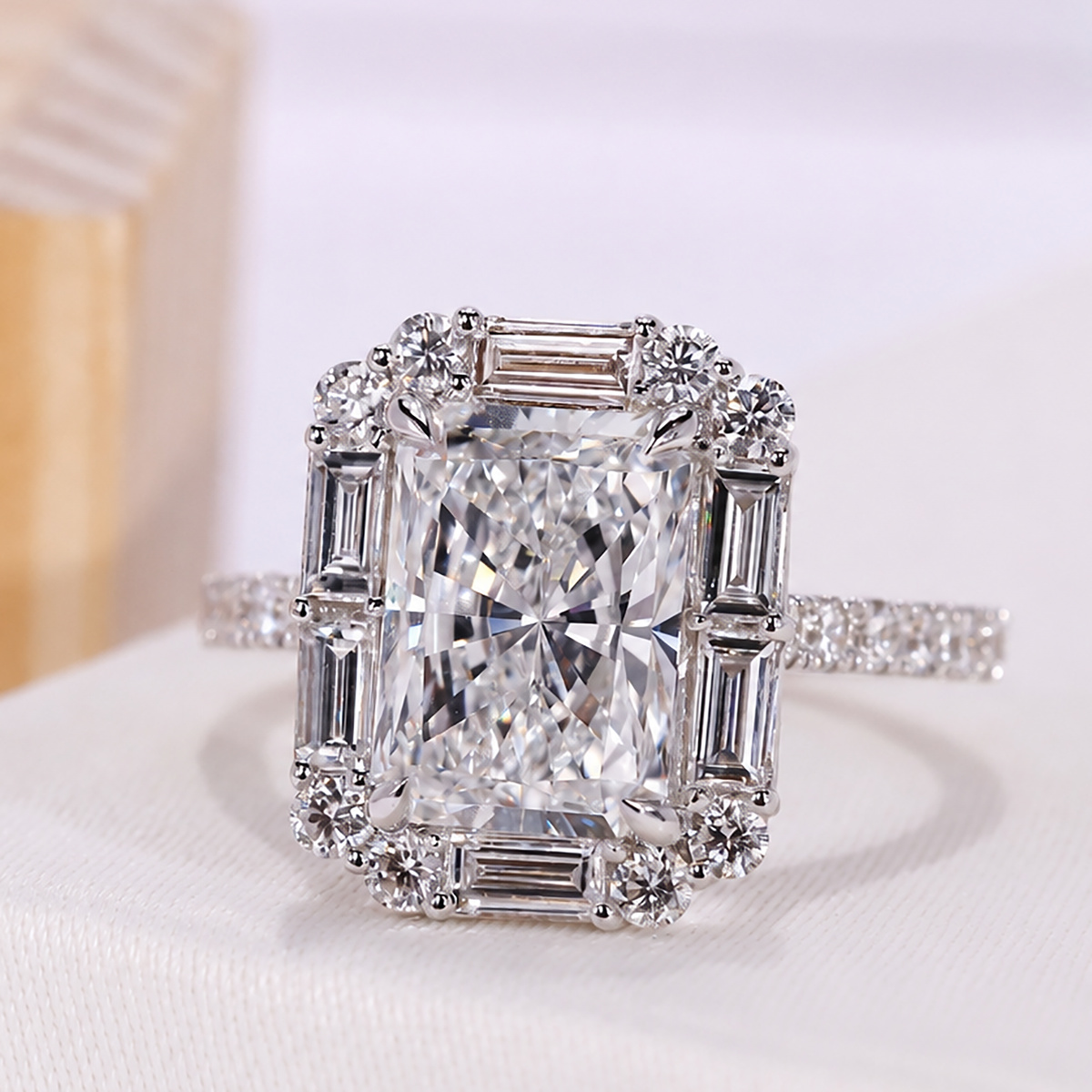 3.00 Carat Radiant Cut Lab Grown Diamond Engagement Ring with Side Stones and Pave Band