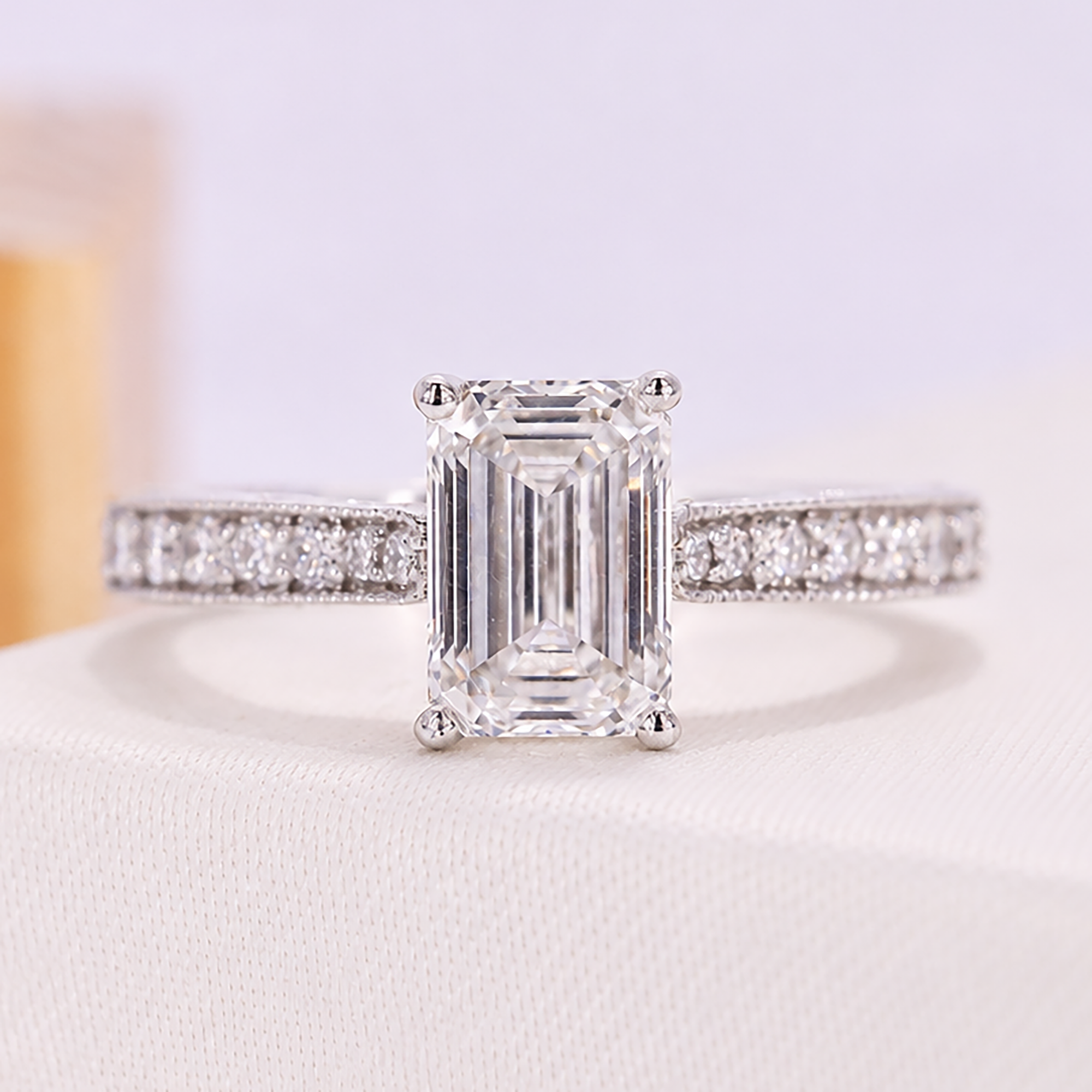 emerald-cut diamond ring on white gold
