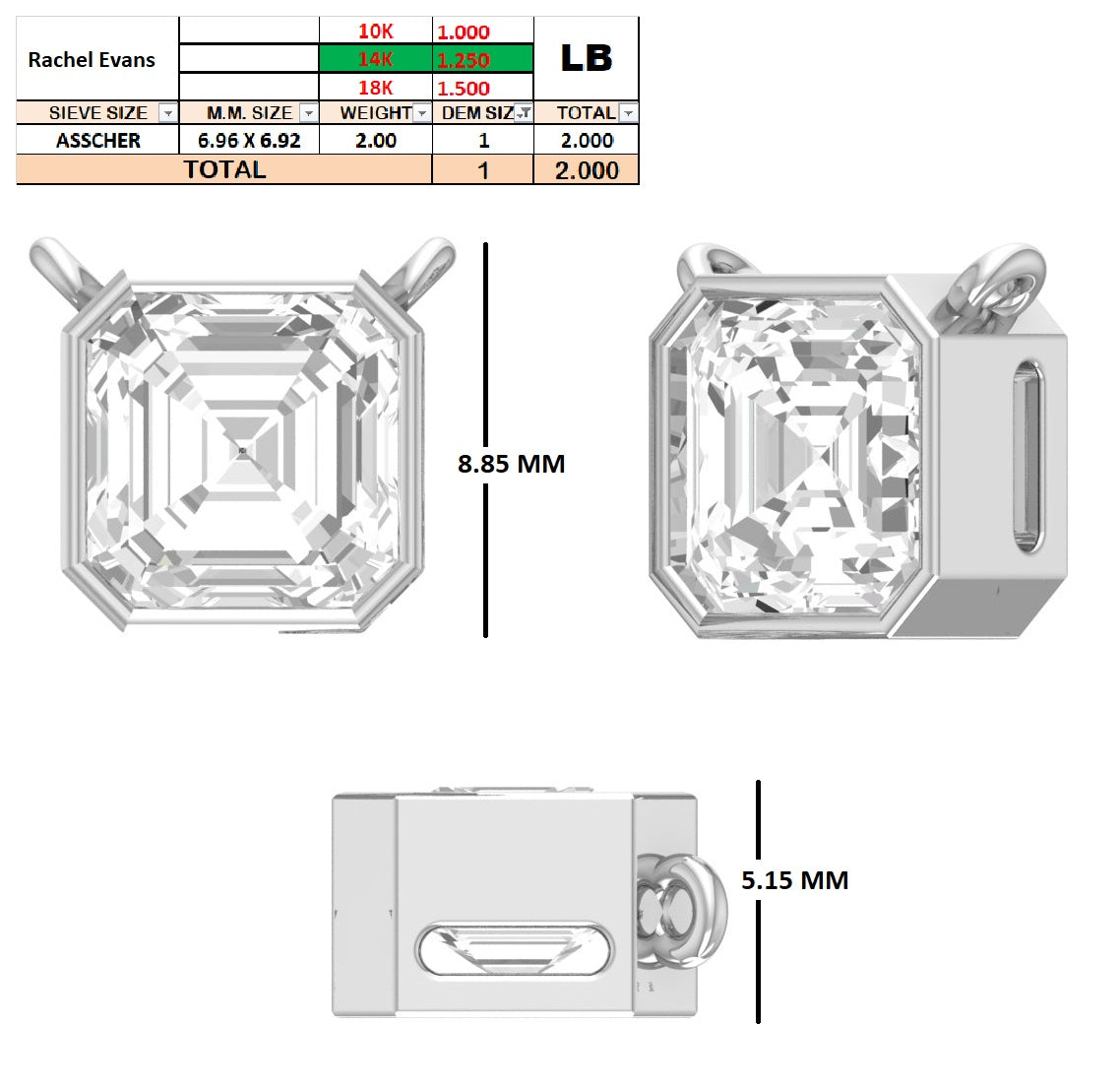 Custom Order | 2CT Asscher |  E-F  VS1-VS2 | 10k White gold | 14 inch |