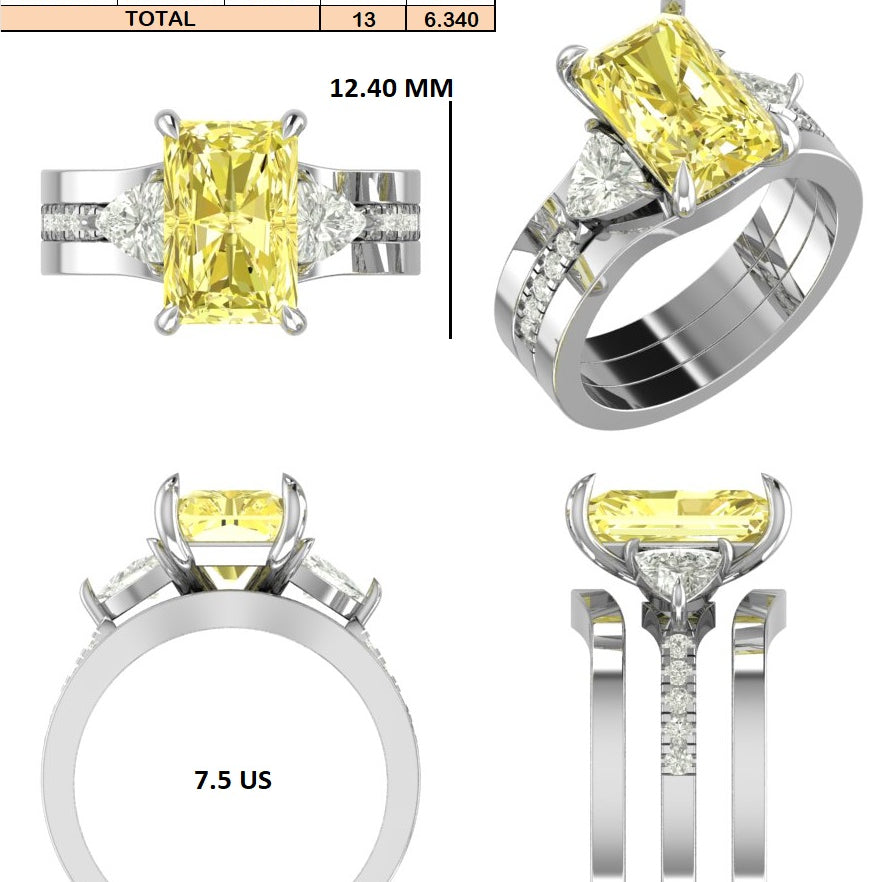 Custom Order -  Ron Beevers | 4.0CT Yellow Radiant Cut Diamond | Side Stones: 0.5 ct White Trillion Cut Diamonds | Metal Type: Platinum | Ring Size: 7.5