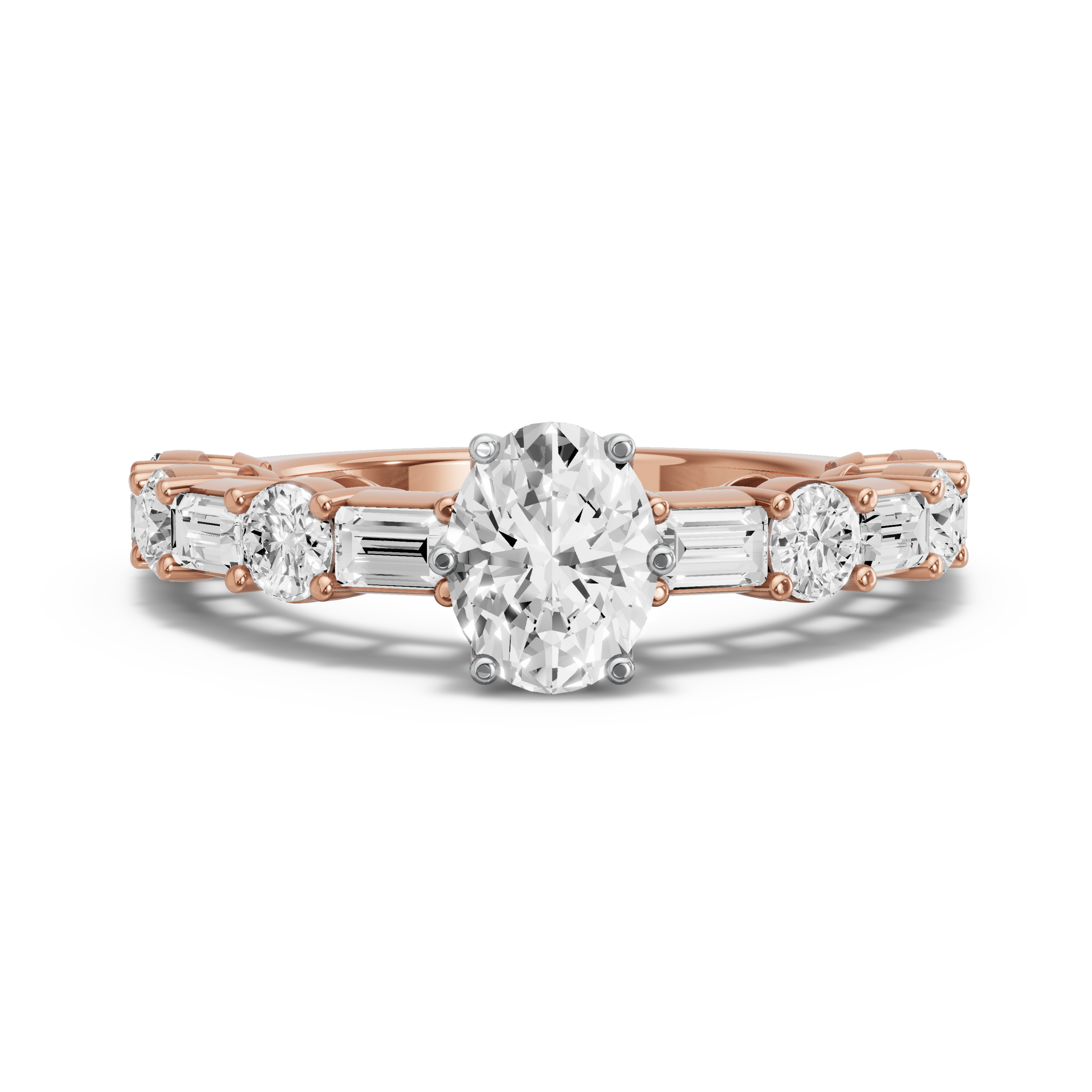 Image for Oval Scallopes Six Prongs Ring with Alternating Baguette band in 14K Two Tone Rose Gold