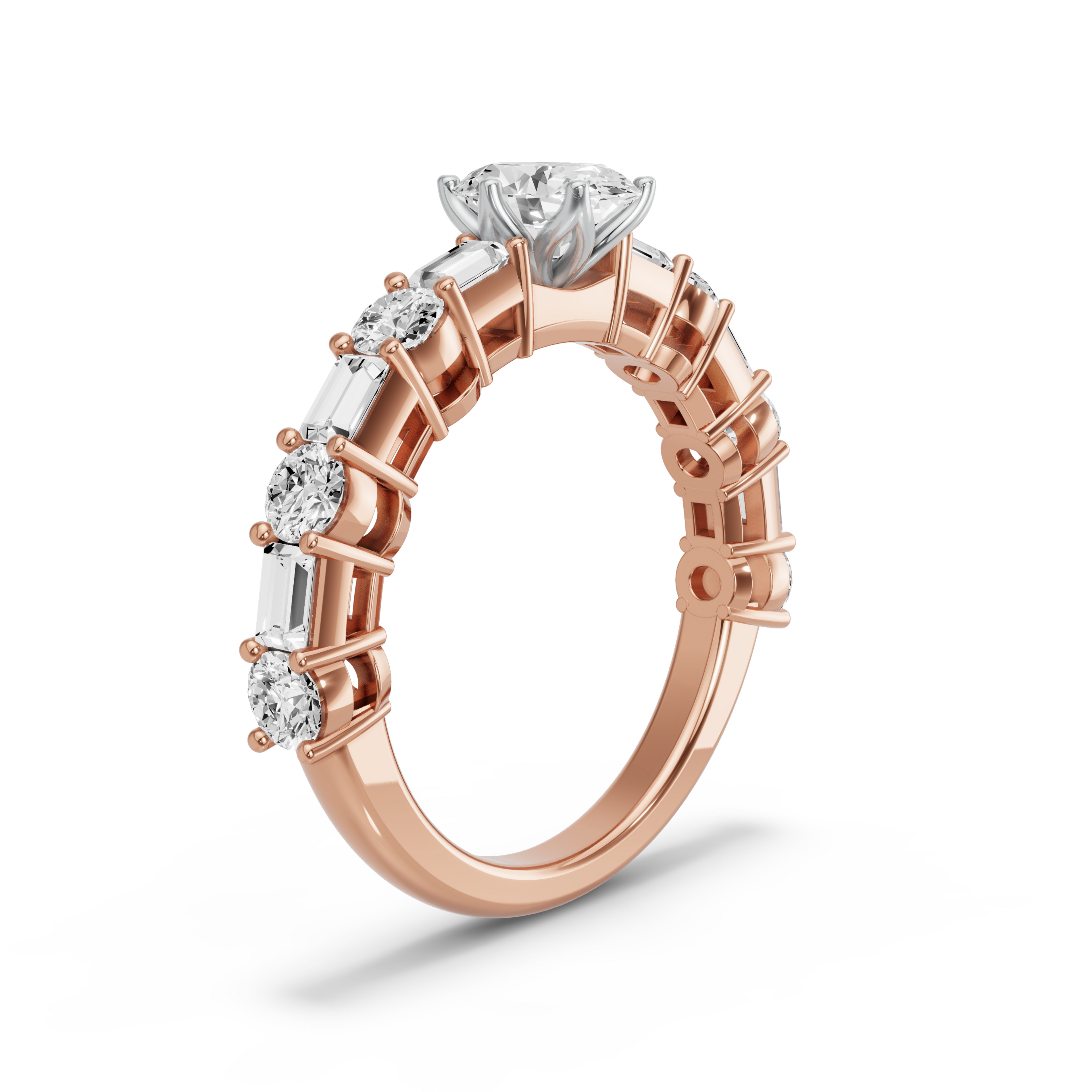 Image for Oval Scallopes Six Prongs Ring with Alternating Baguette band in 14K Two Tone Rose Gold
