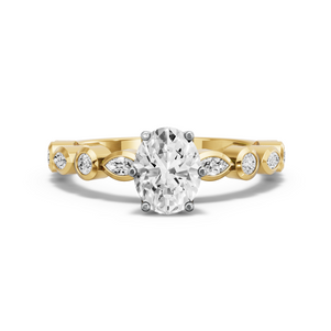 Image for Oval Scallopes Six Prongs Ring with Alternating Marquise band in 14K Two Tone Yellow Gold
