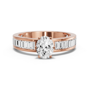 Image for Oval Scallopes Six Prongs Ring with Baguette Channel band