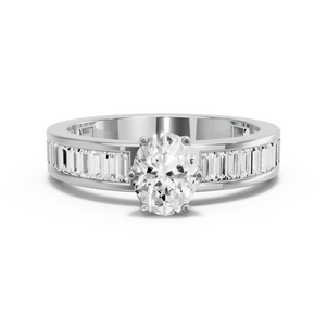 Image for Oval Scallopes Six Prongs Ring with Baguette Channel band