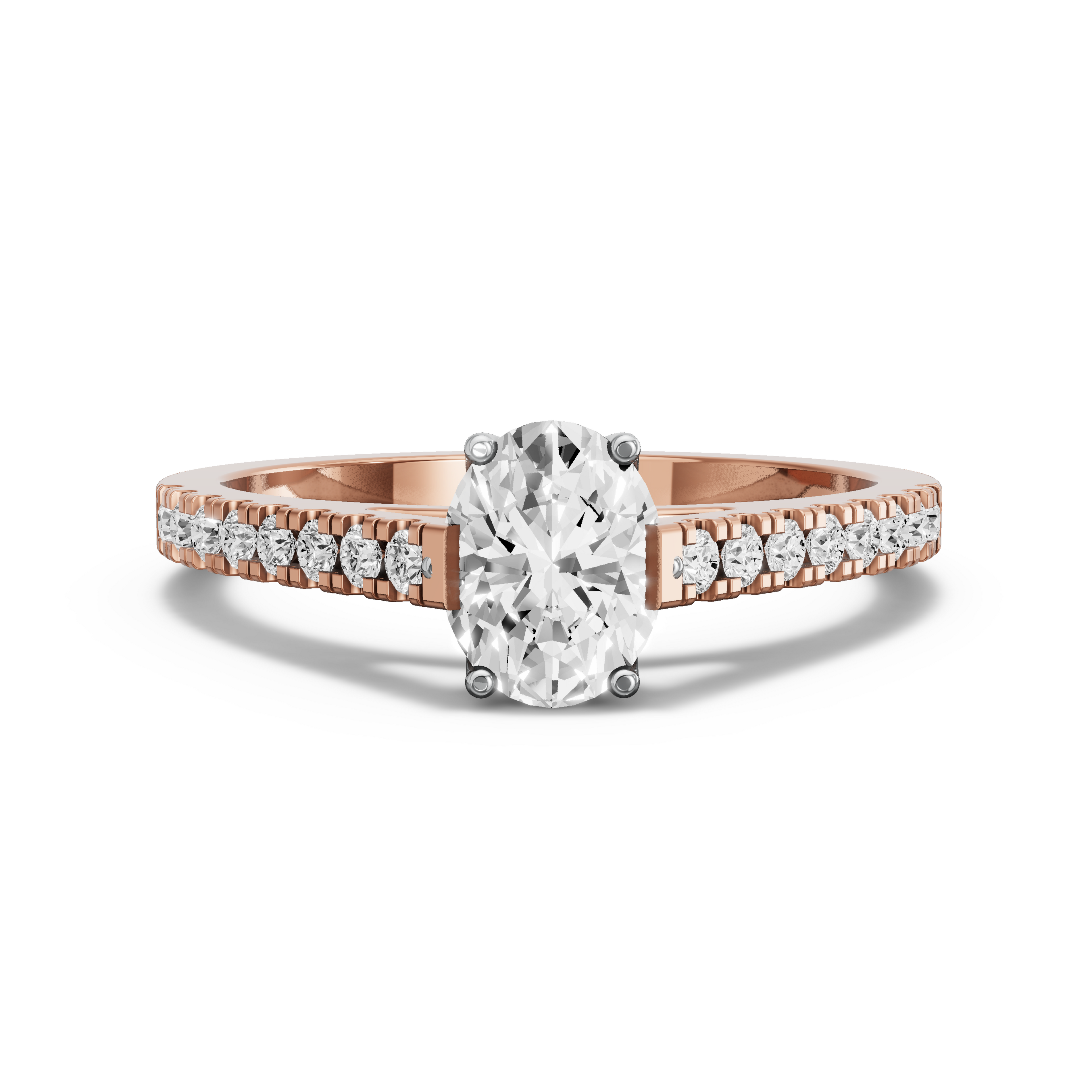 Image for Oval Scallopes Six Prongs Ring with Cathedral Pave band in 10K Two Tone Rose Gold