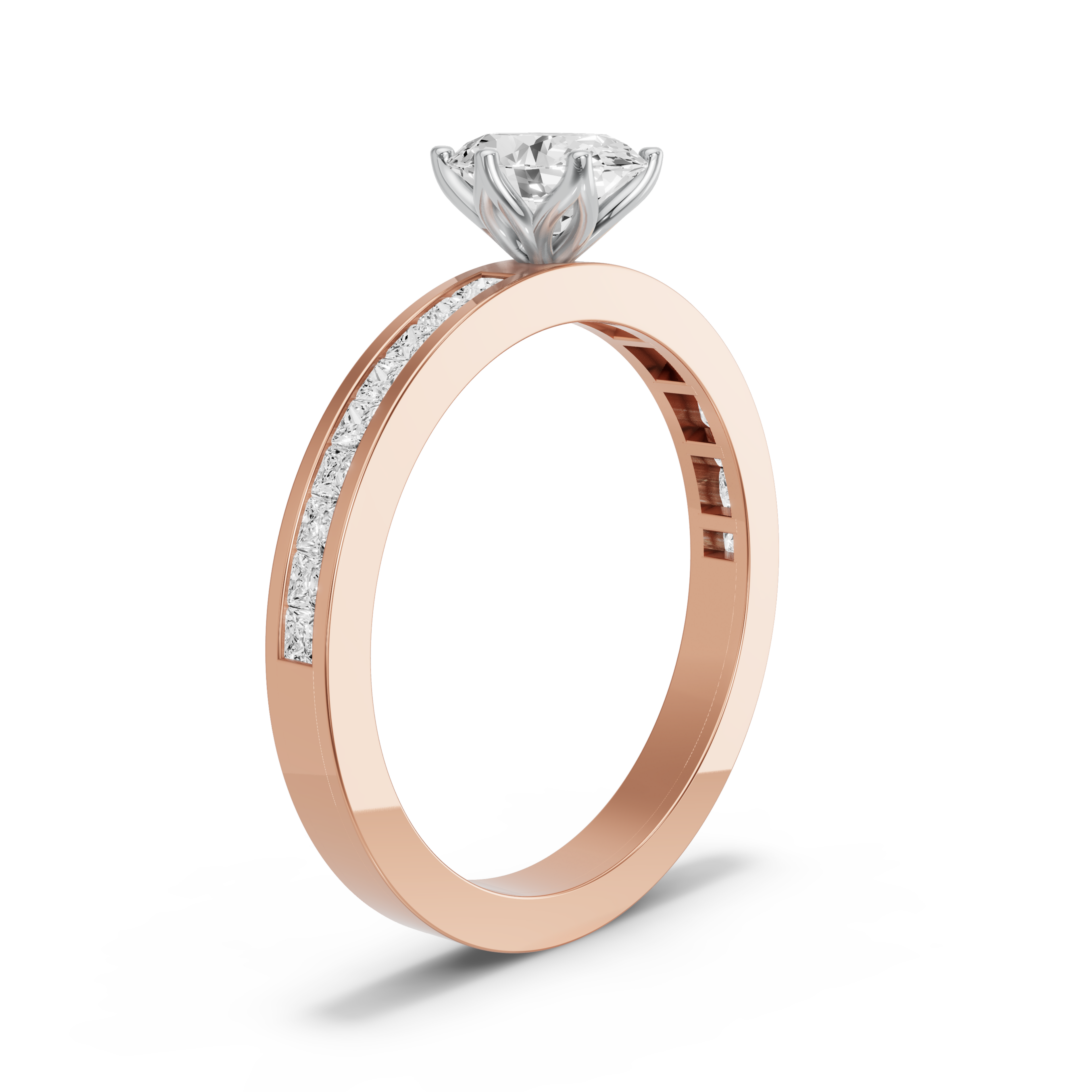 Image for Oval Scallopes Six Prongs Ring with Channel band in 18K Two Tone Rose Gold