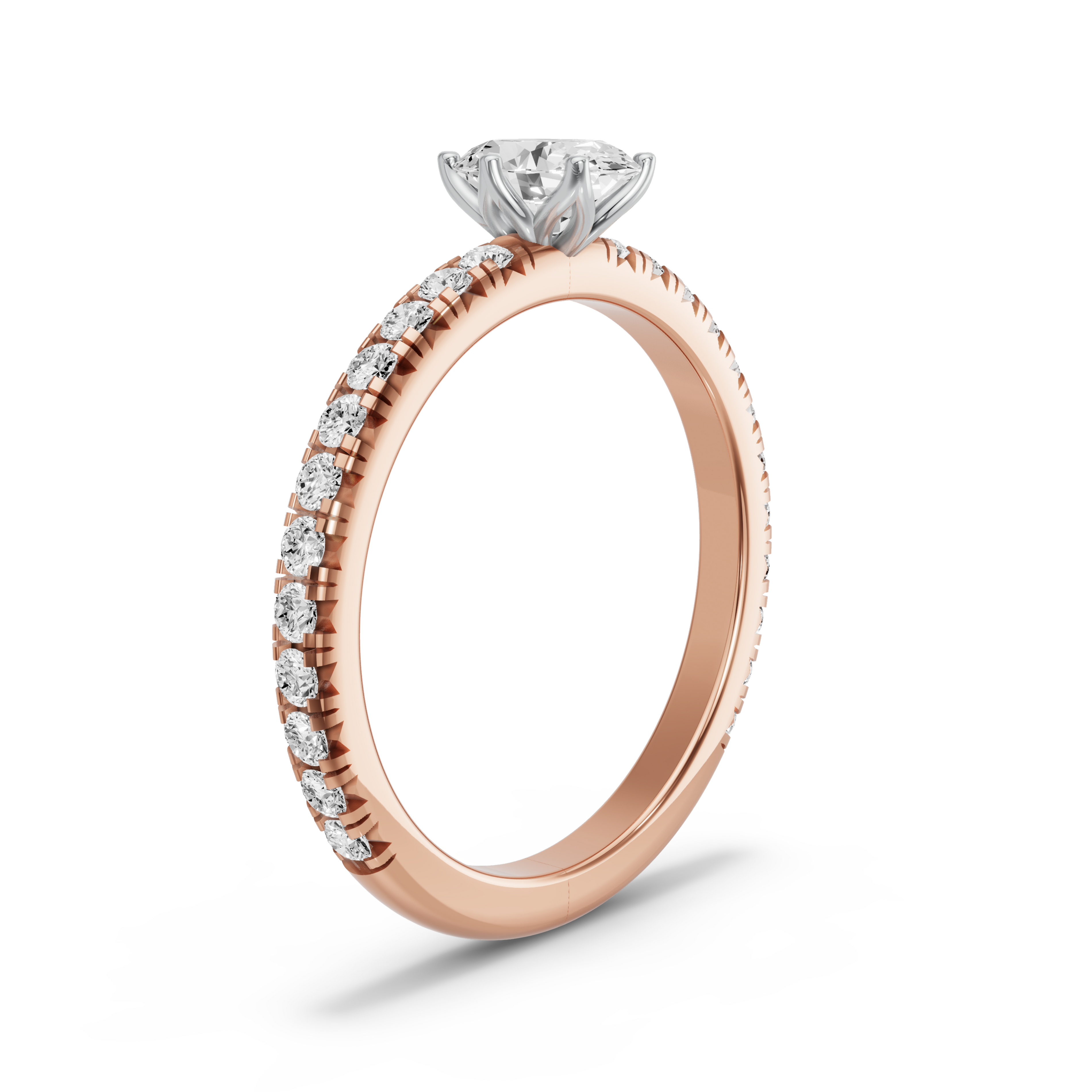 Image for Oval Scallopes Six Prongs Ring with French Pave band in 18K Two Tone Rose Gold