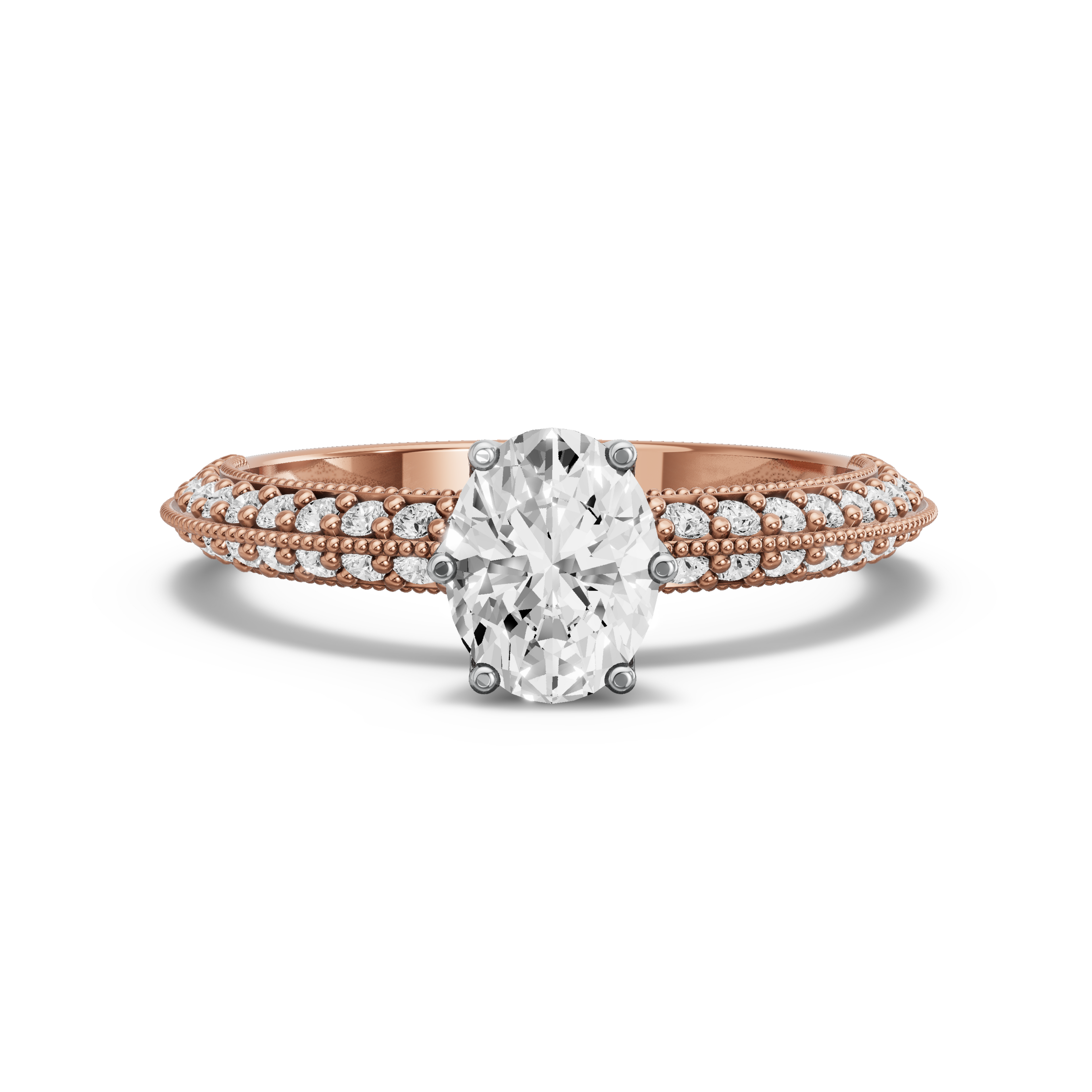 Image for Oval Scallopes Six Prongs Ring with Knife Edge Pave band in 18K Two Tone Rose Gold