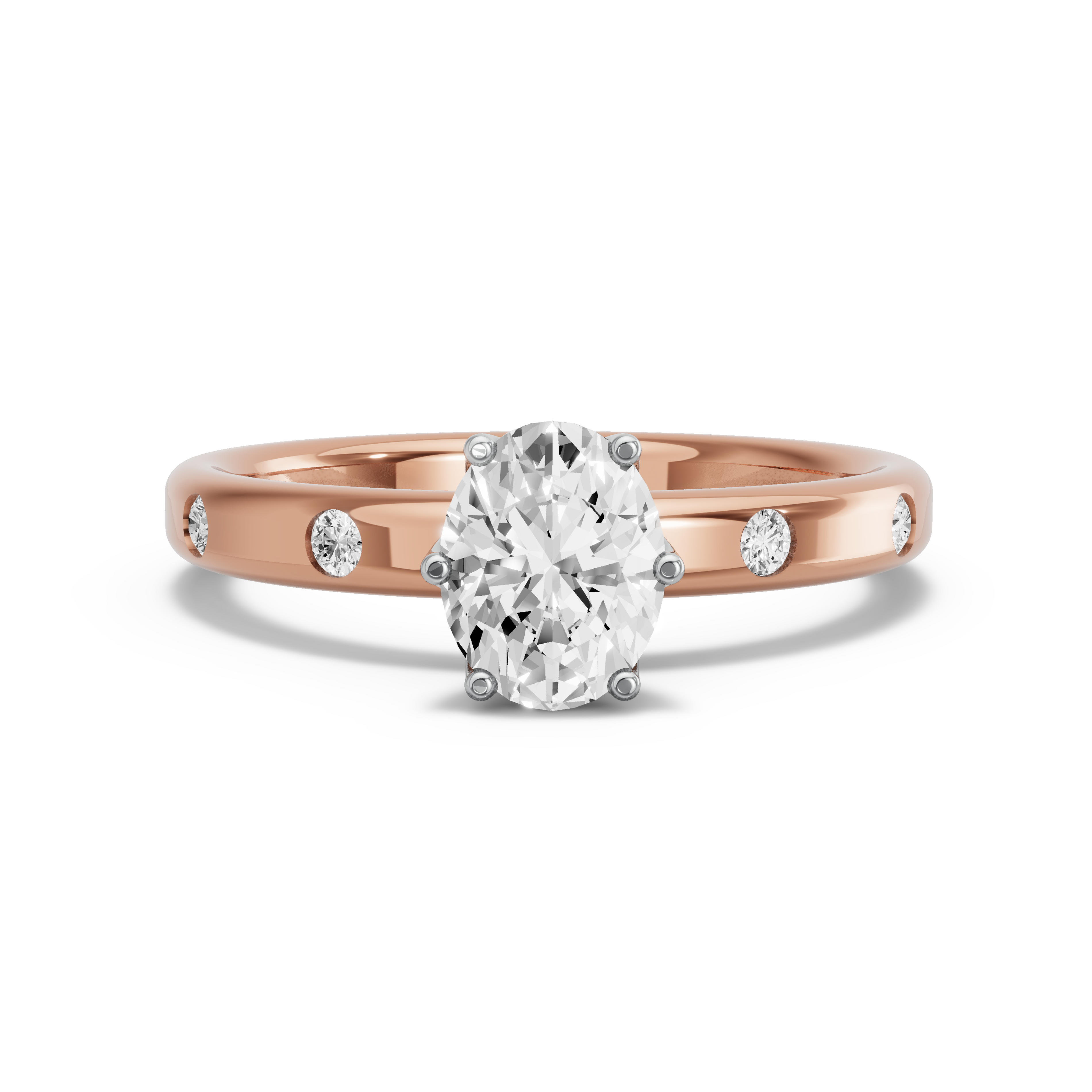 Image for Oval Scallopes Six Prongs Ring with Sleek Accent band in 18K Two Tone Rose Gold