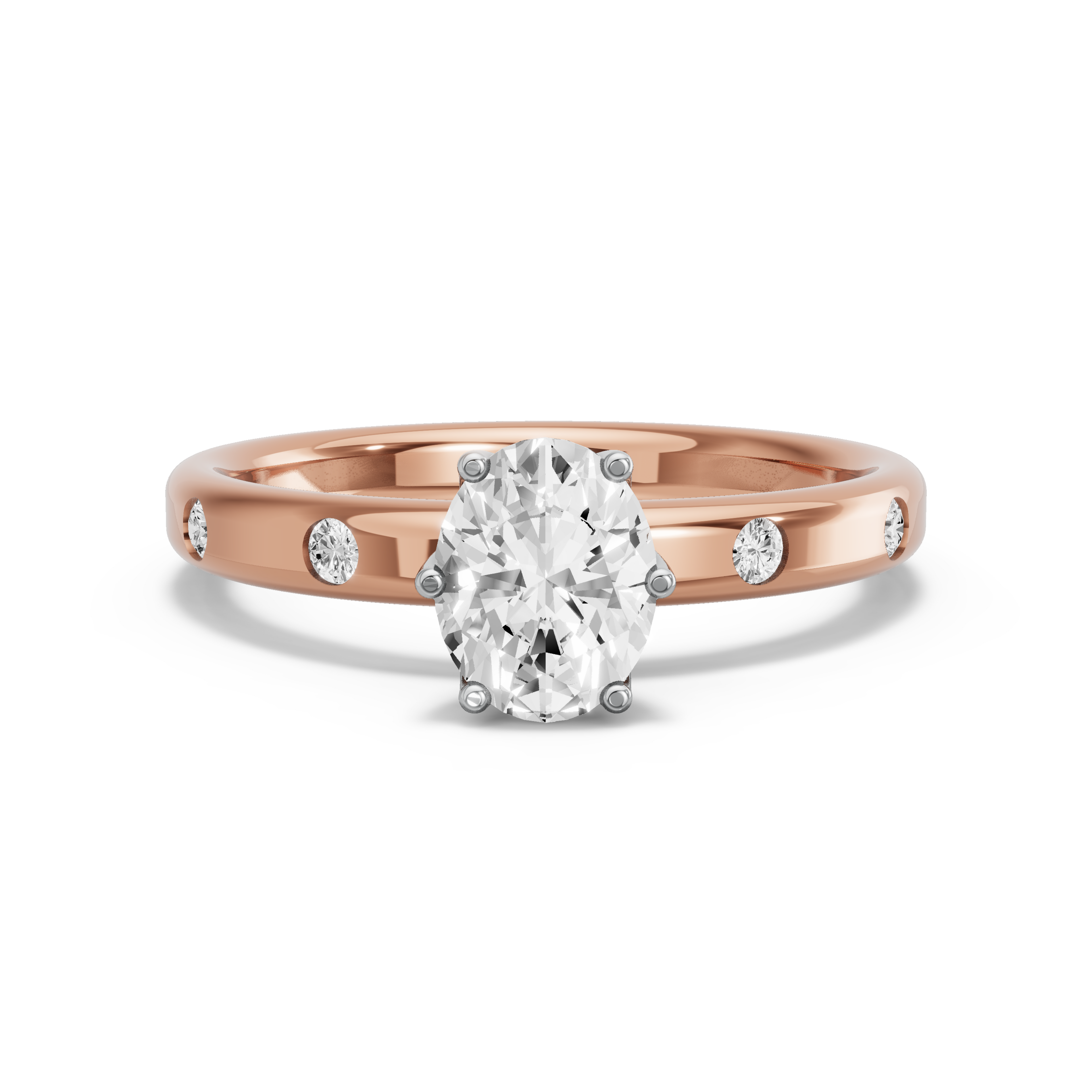 Image for Oval Scallopes Six Prongs Ring with Sleek Accent band in 14K Two Tone Rose Gold