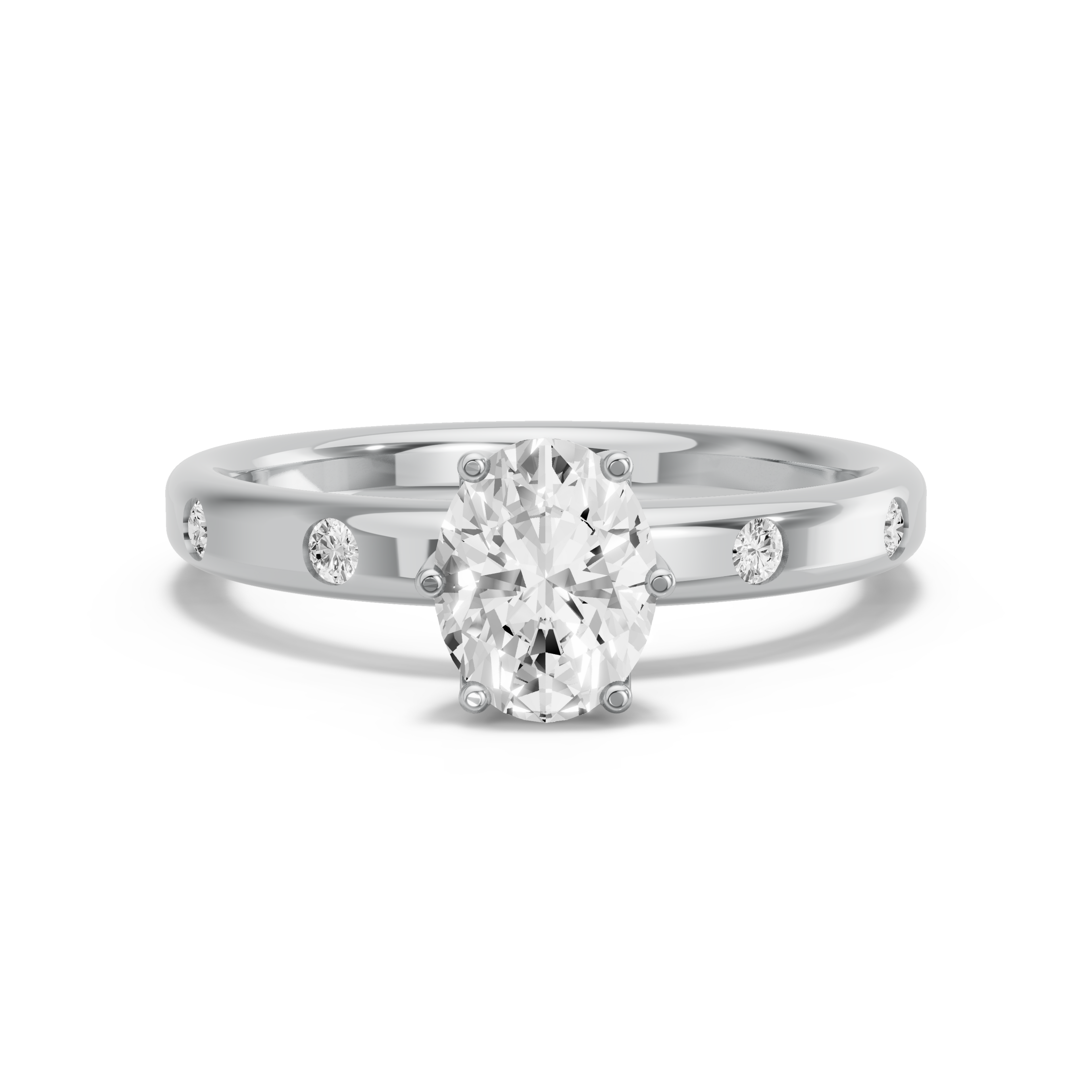 Image for Oval Scallopes Six Prongs Ring with Sleek Accent band in 18K White Gold