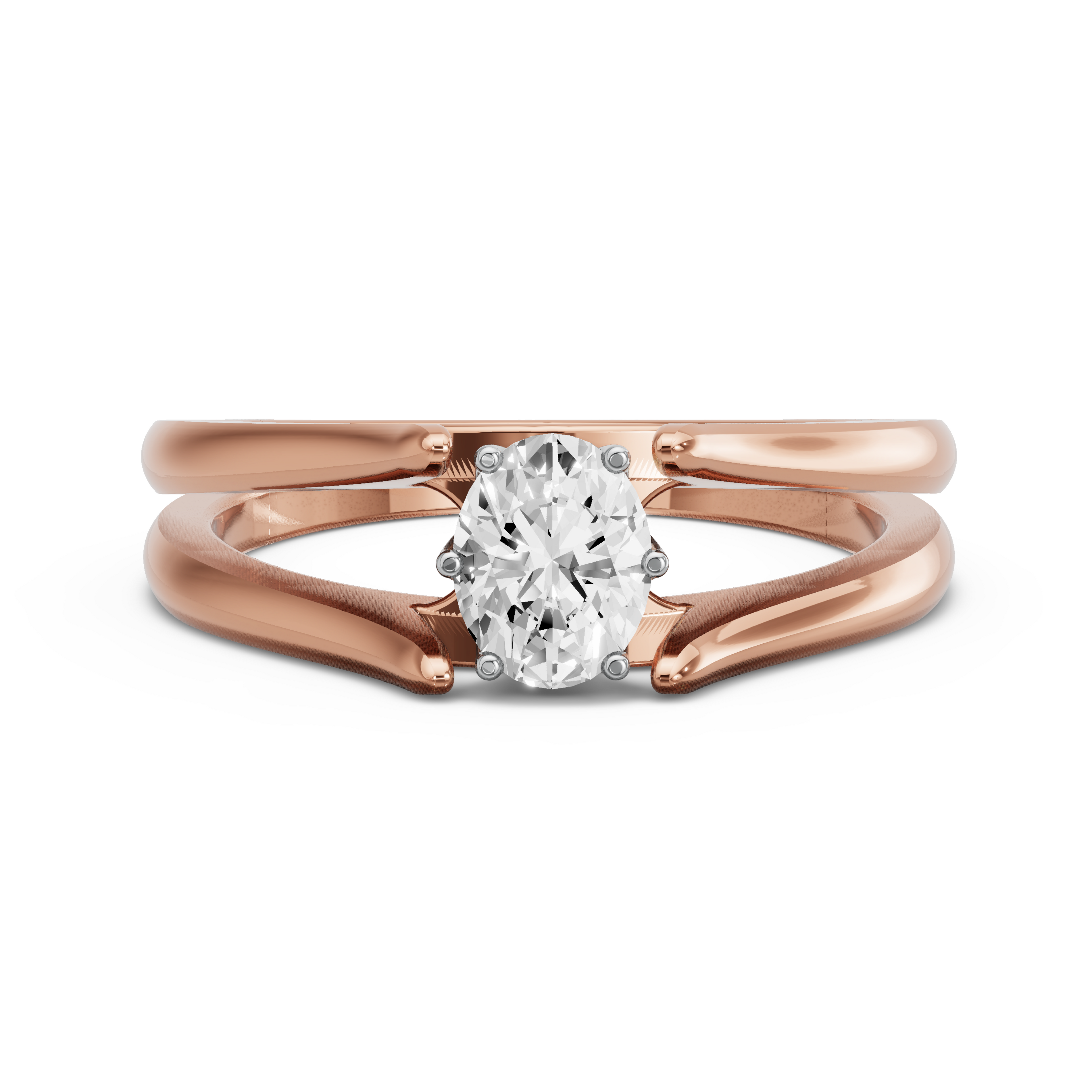 Image for Oval Scallopes Six Prongs Ring with Split Ring Solitaire band in 18K Two Tone Rose Gold