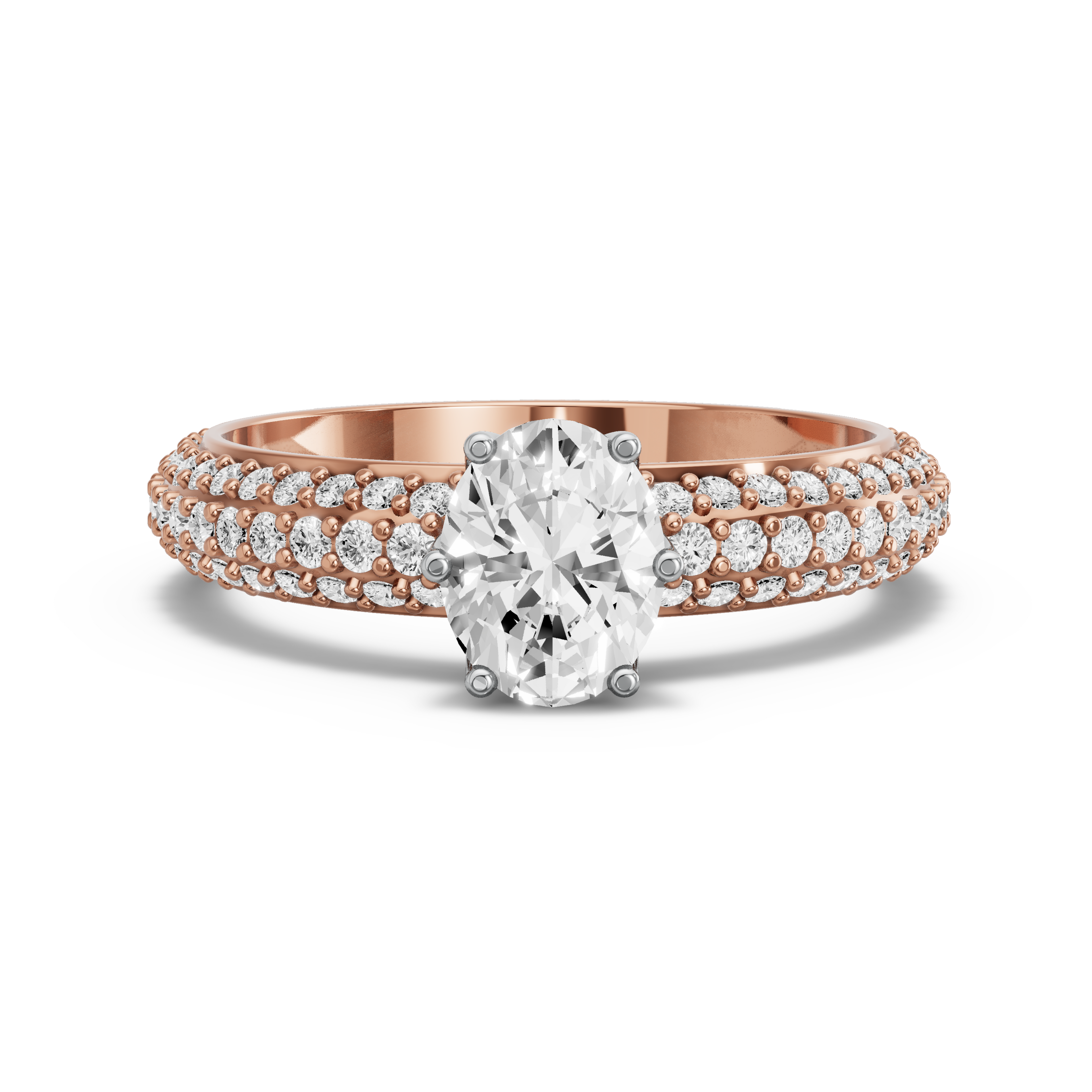 Image for Oval Scallopes Six Prongs Ring with Triple Row Pave band in 18K Two Tone Rose Gold