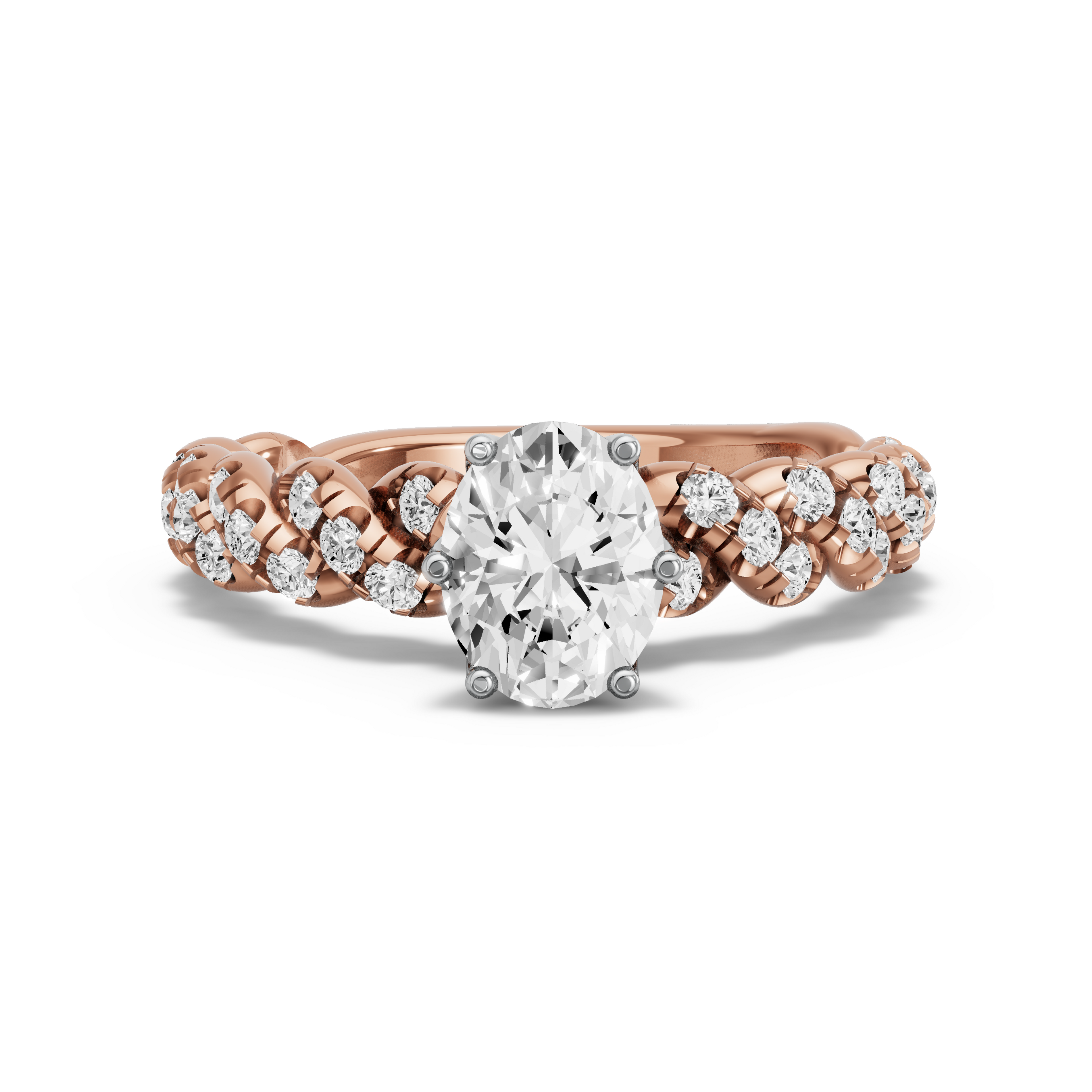 Image for Oval Scallopes Six Prongs Ring with Twist Pave band in 10K Two Tone Rose Gold