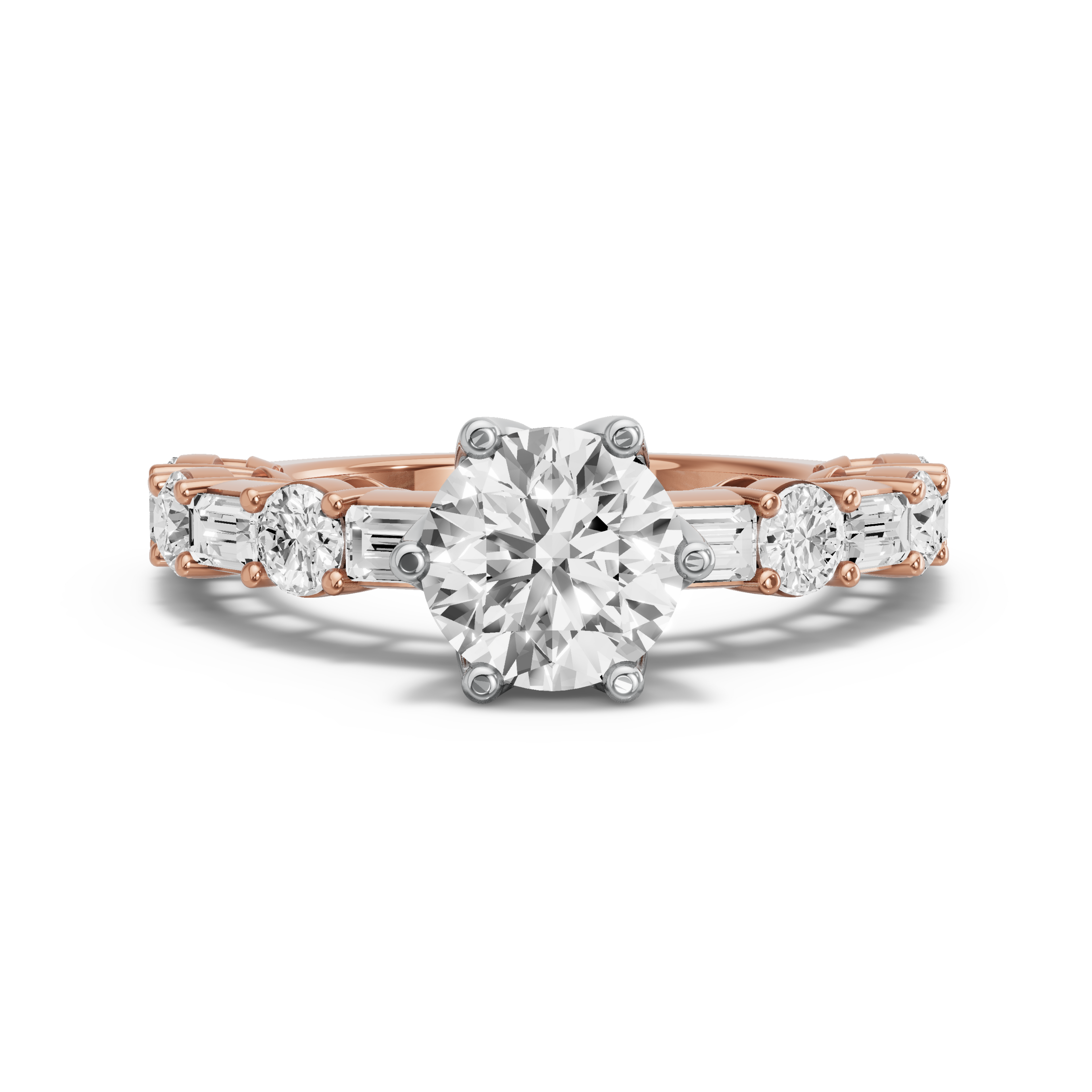 Image for Round Scallopes Six Prongs Ring with Alternating Baguette band in 10K Two Tone Rose Gold
