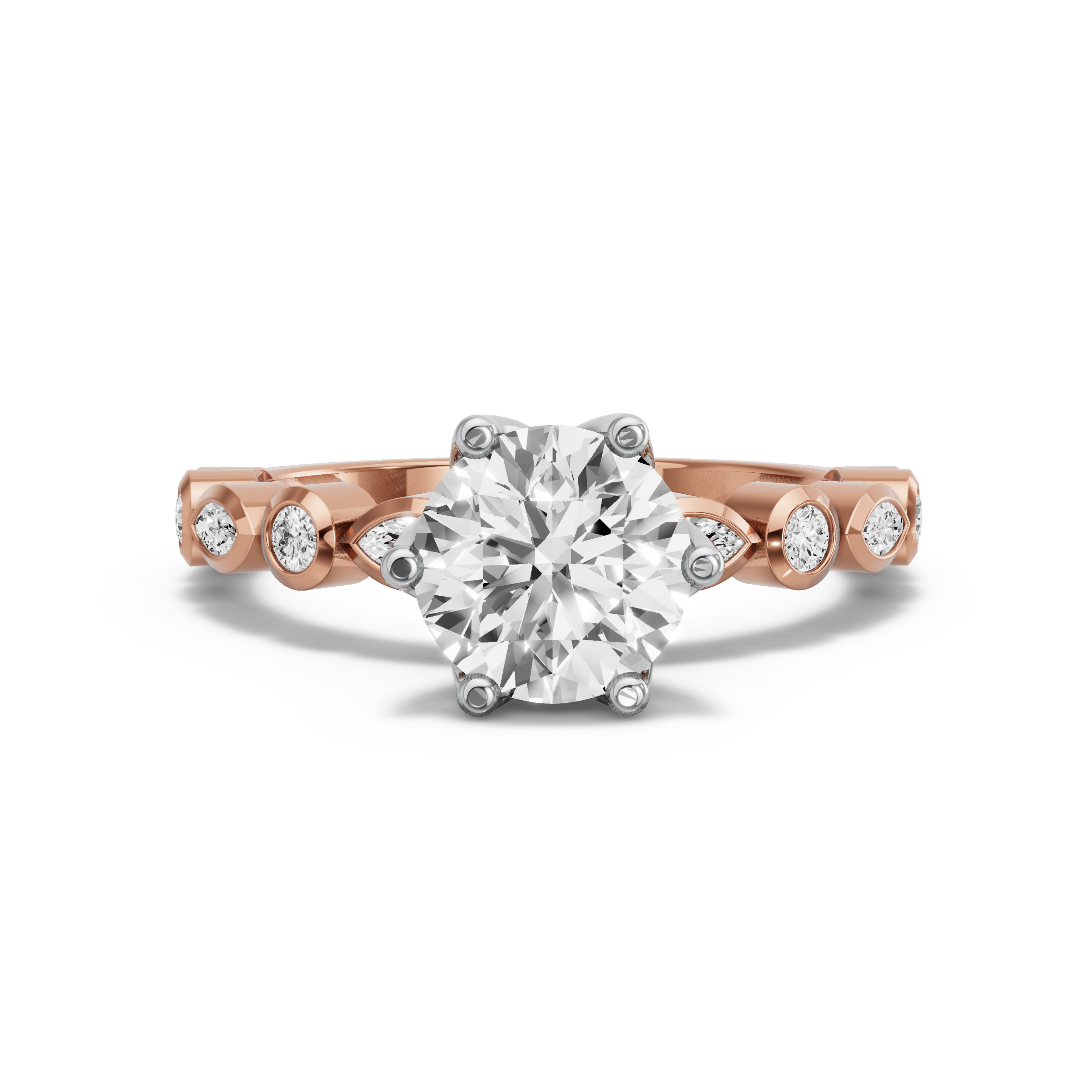 Image for Round Scallopes Six Prongs Ring with Alternating Marquise band in 14K Two Tone Rose Gold
