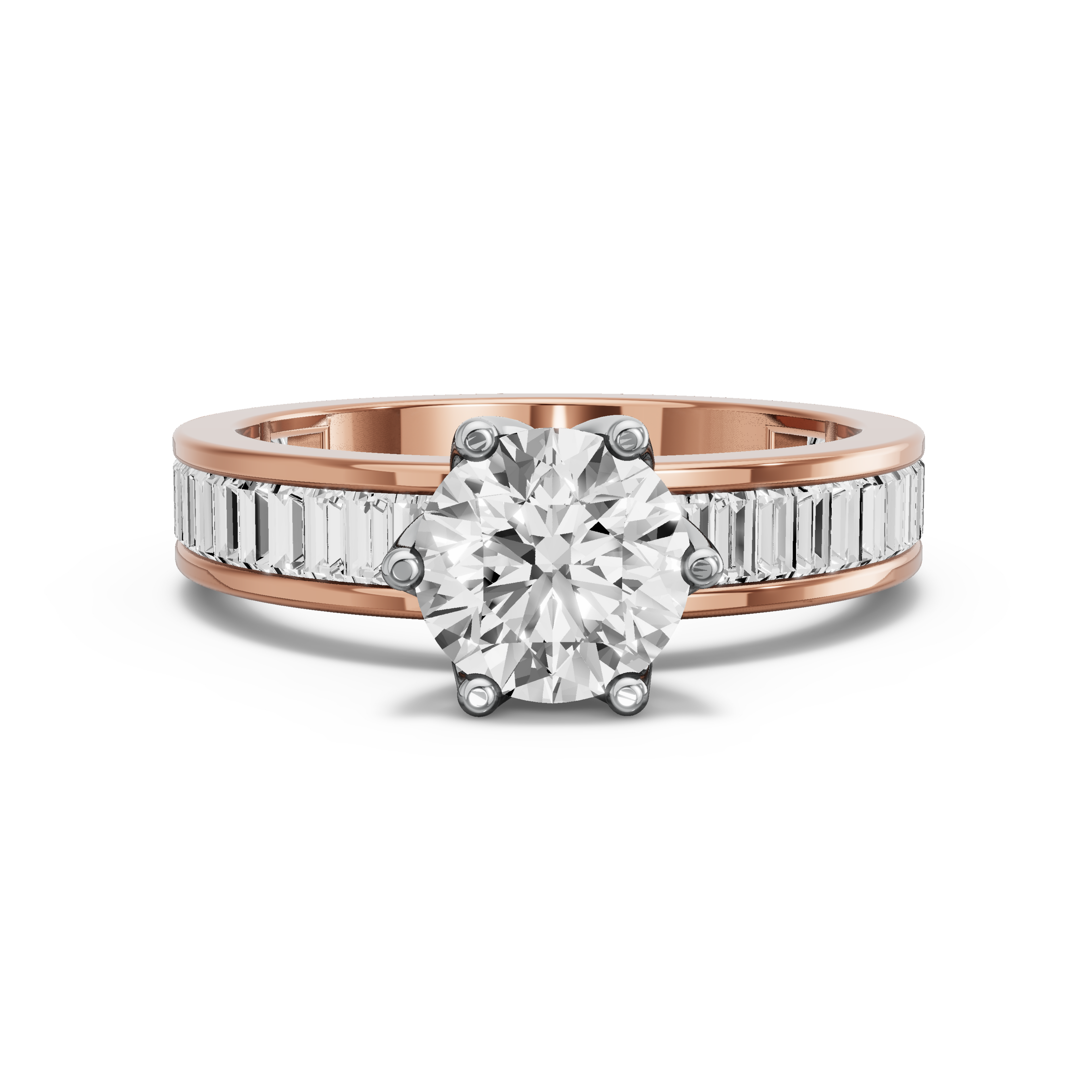 Image for Round Scallopes Six Prongs Ring with Baguette Channel band in 18K Two Tone Rose Gold