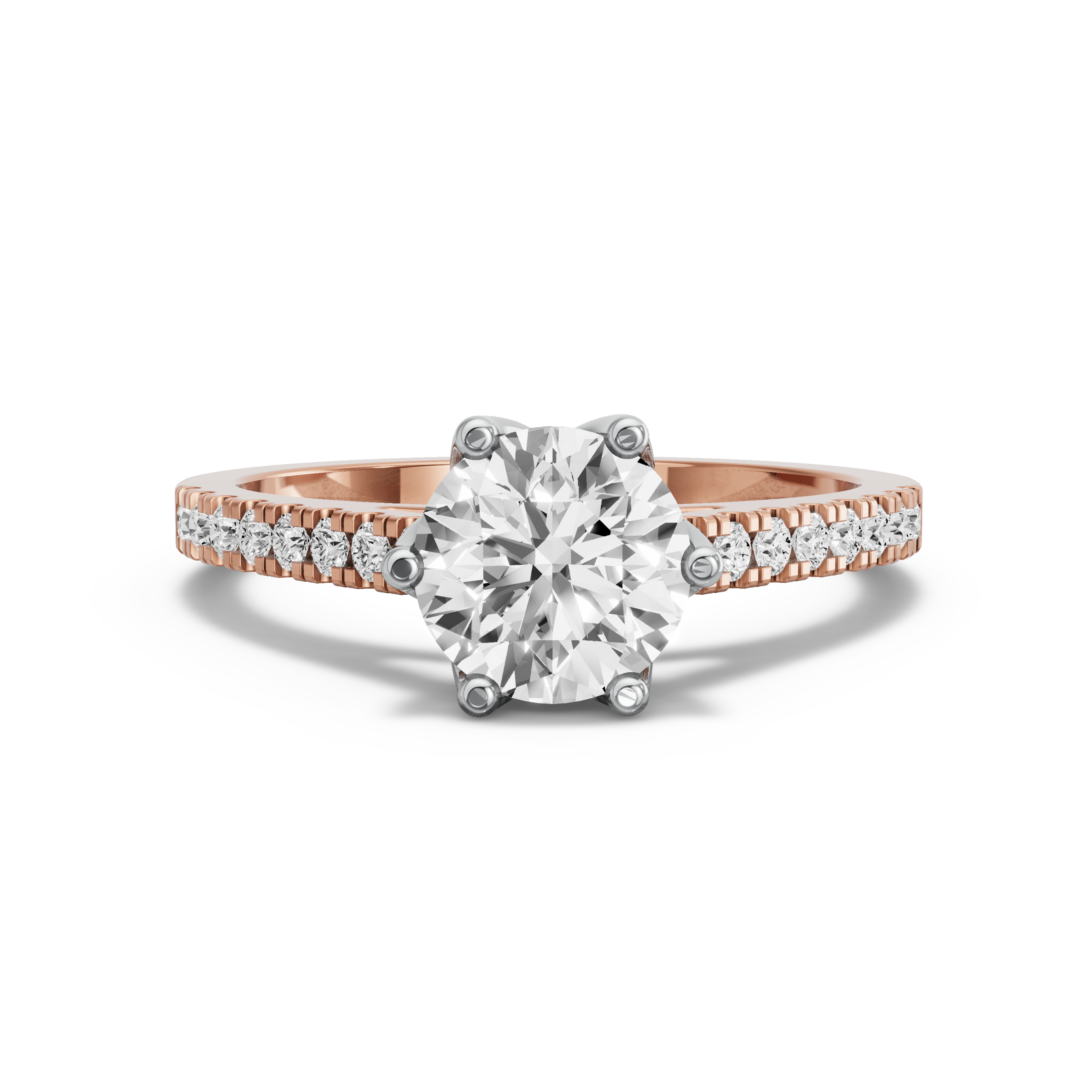Image for Round Scallopes Six Prongs Ring with Cathedral Pave band in 18K Two Tone Rose Gold