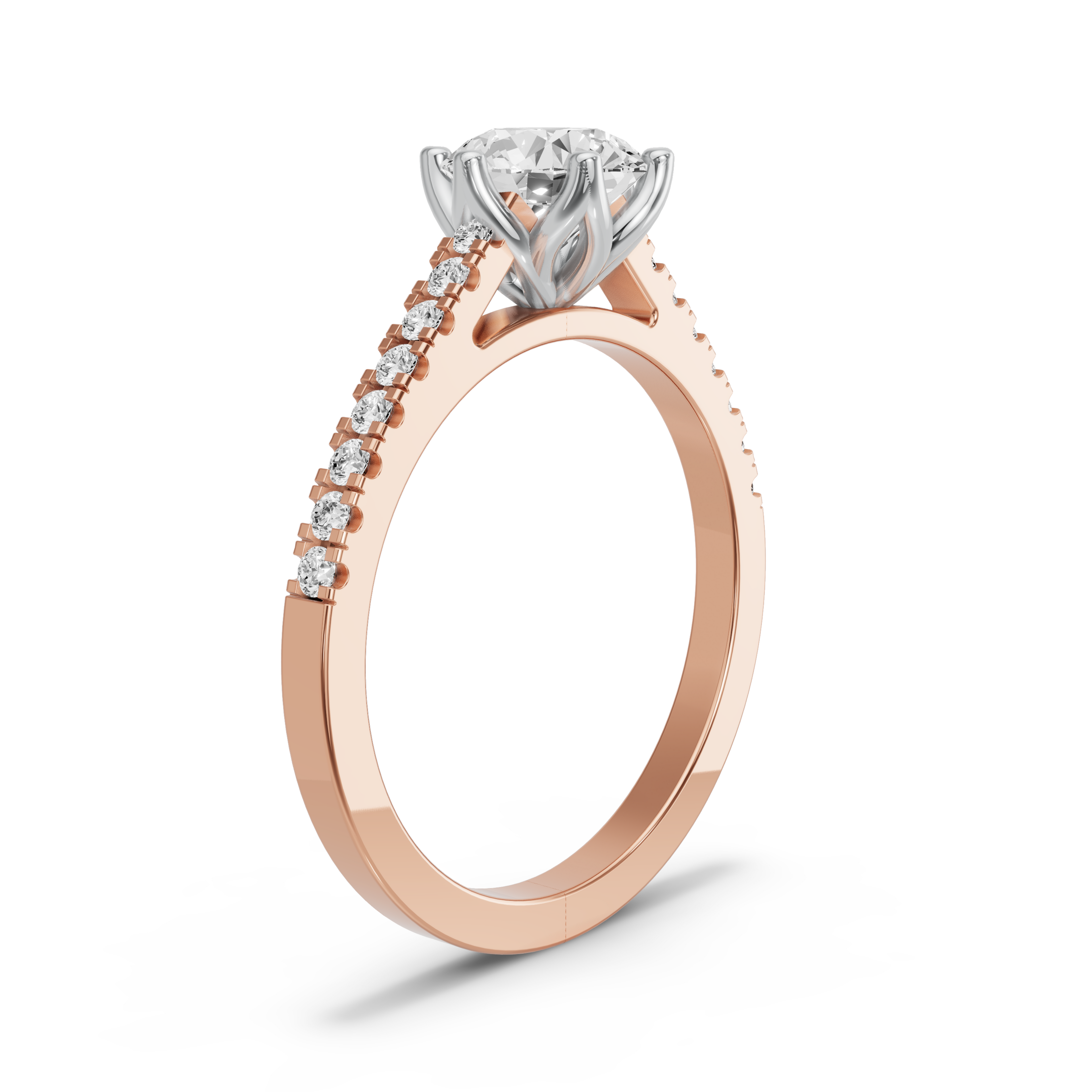 Image for Round Scallopes Six Prongs Ring with Cathedral Pave band in 18K Two Tone Rose Gold