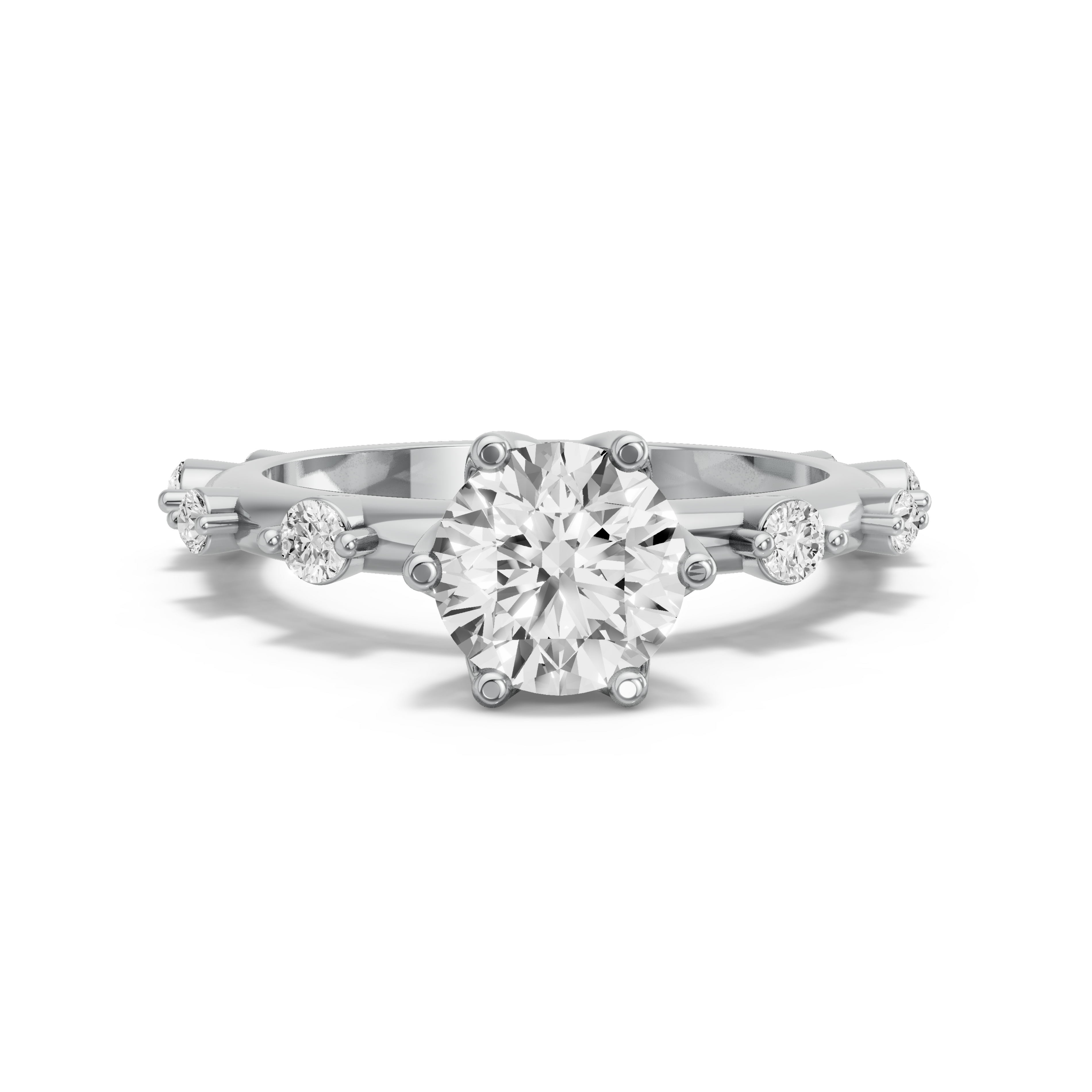 Image for Round Scallopes Six Prongs Ring with Floating Station band in 14K White Gold