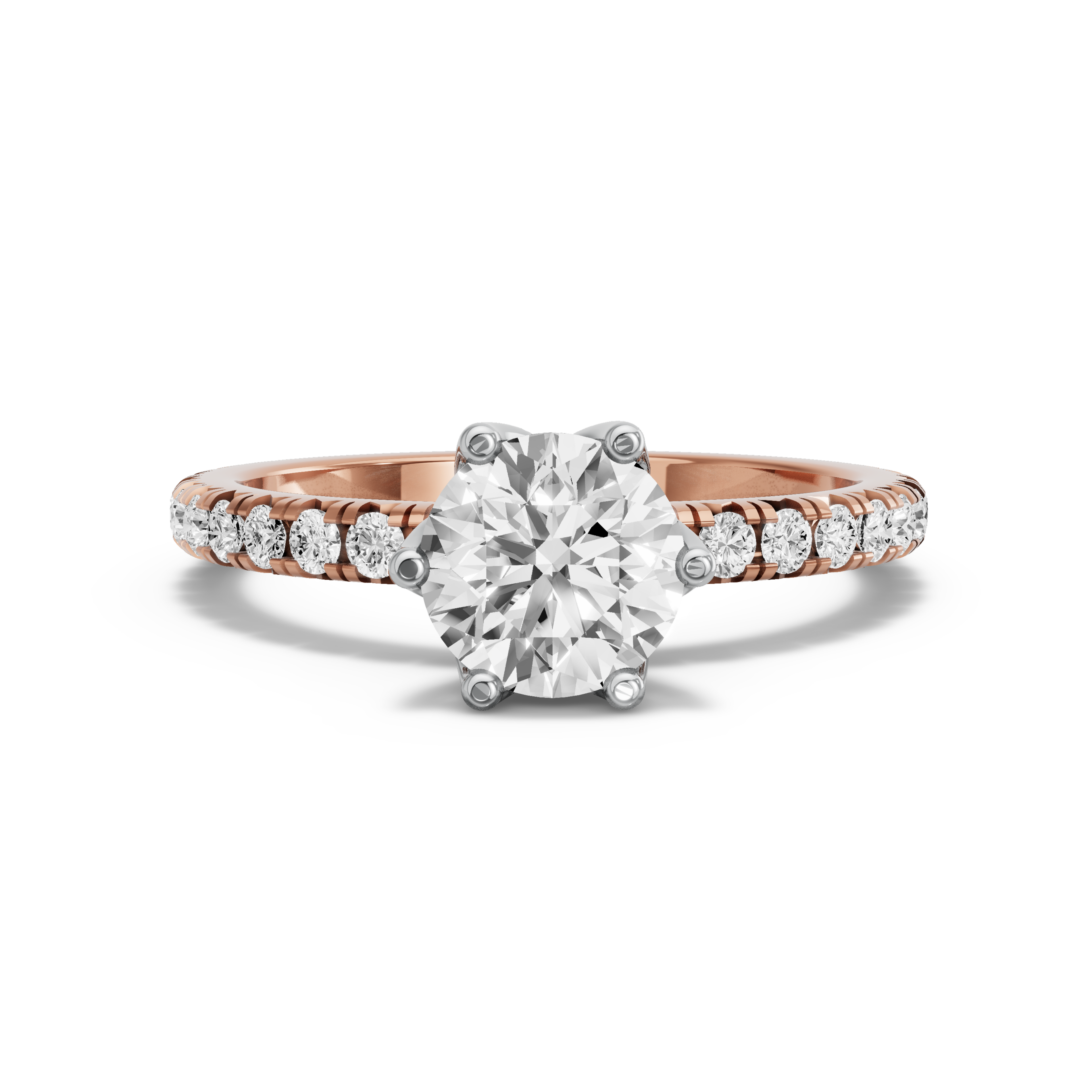 Image for Round Scallopes Six Prongs Ring with French Pave band in 10K Two Tone Rose Gold