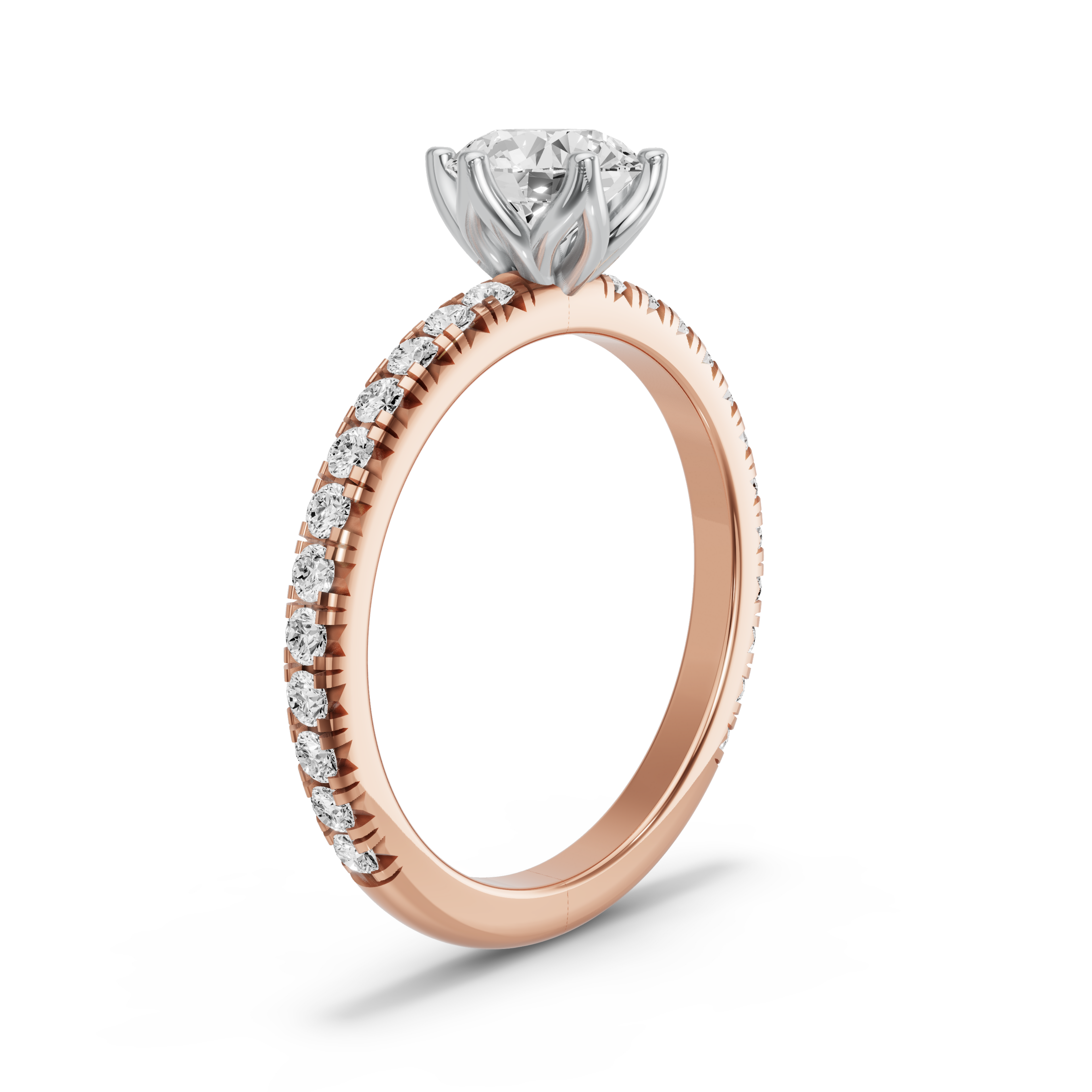 Image for Round Scallopes Six Prongs Ring with French Pave band in 10K Two Tone Rose Gold