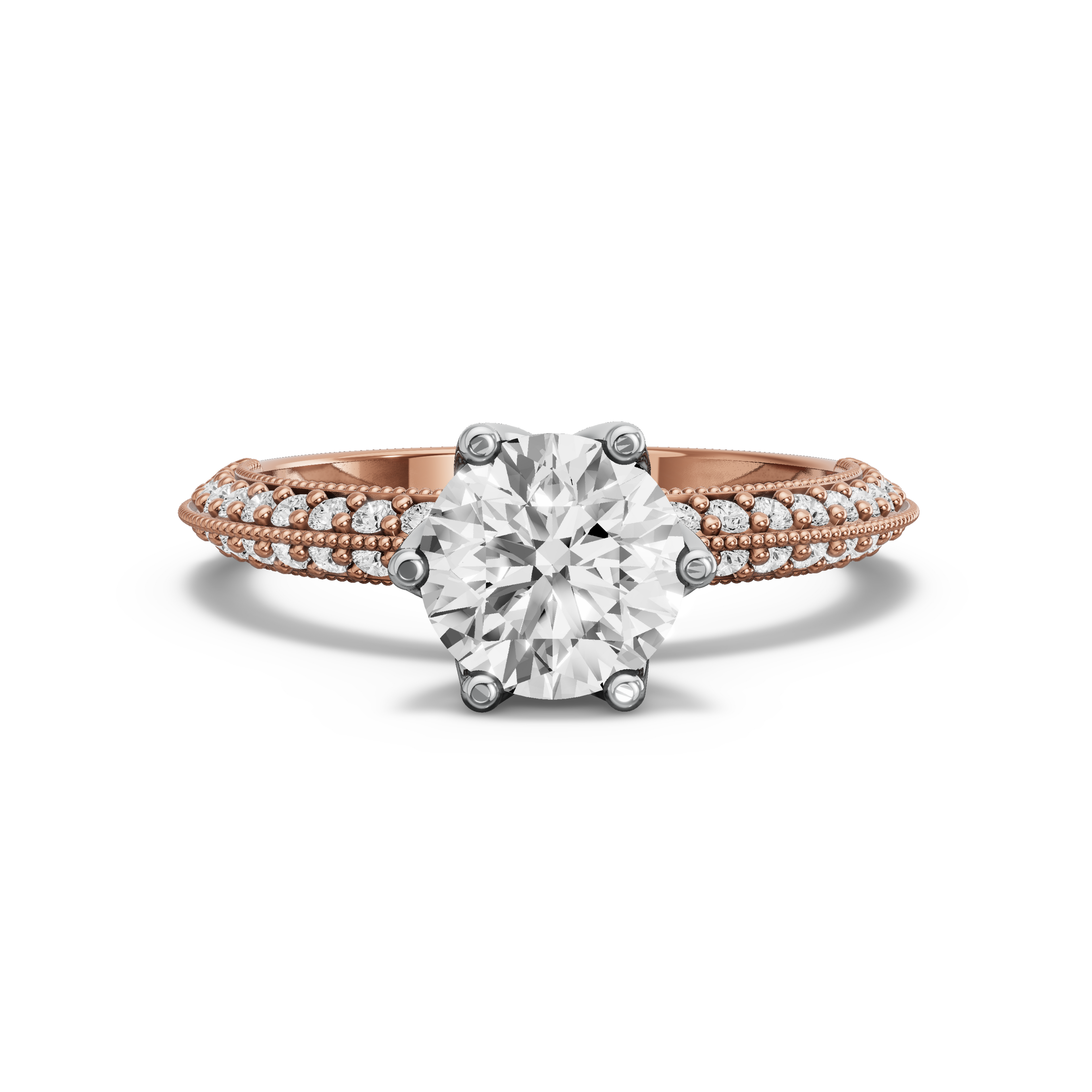 Image for Round Scallopes Six Prongs Ring with Knife Edge Pave band in 14K Two Tone Rose Gold