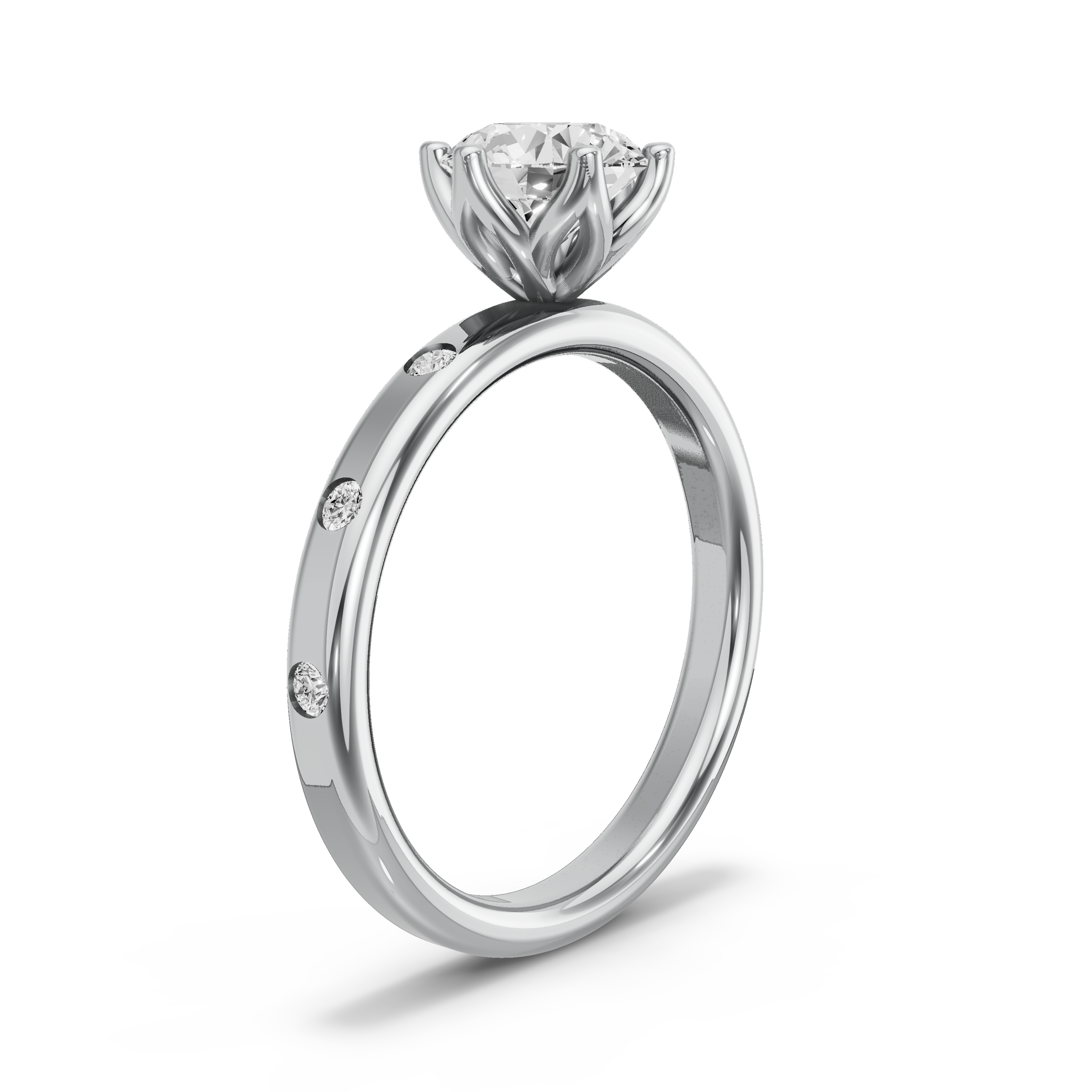 Image for Round Scallopes Six Prongs Ring with Sleek Accent band in 18K White Gold