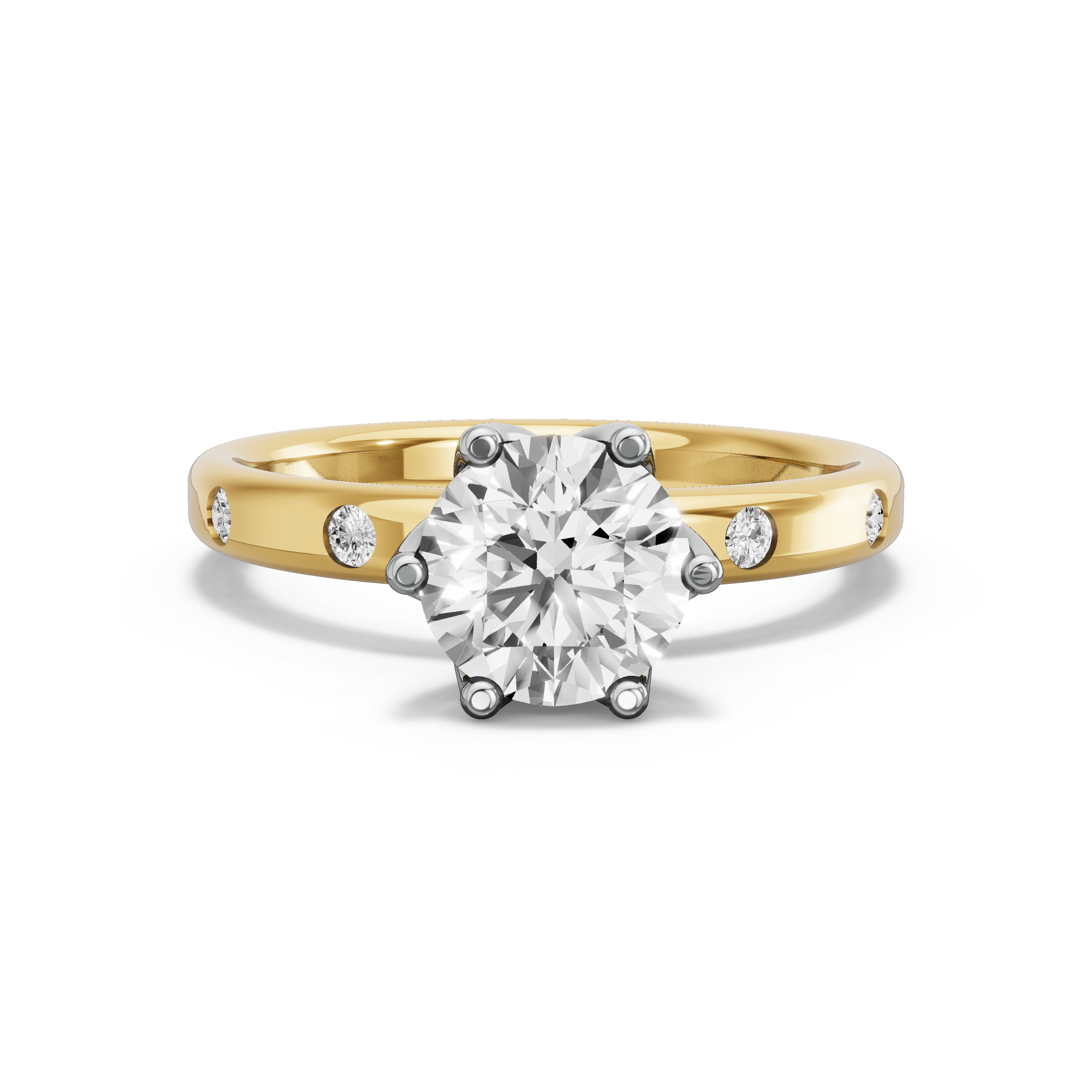 Image for Round Scallopes Six Prongs Ring with Sleek Accent band in 14K Two Tone Yellow Gold
