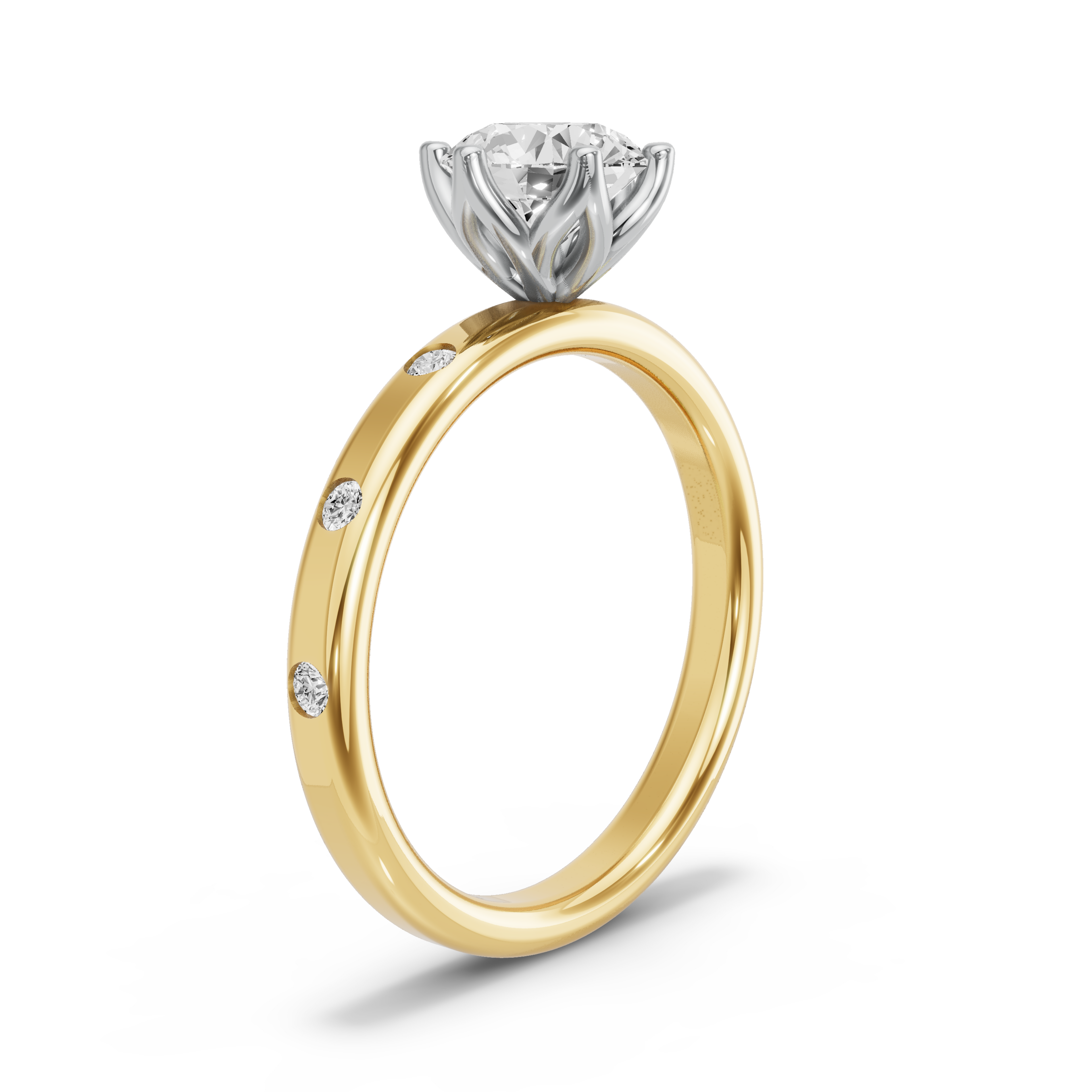 Image for Round Scallopes Six Prongs Ring with Sleek Accent band in 18K Two Tone Yellow Gold