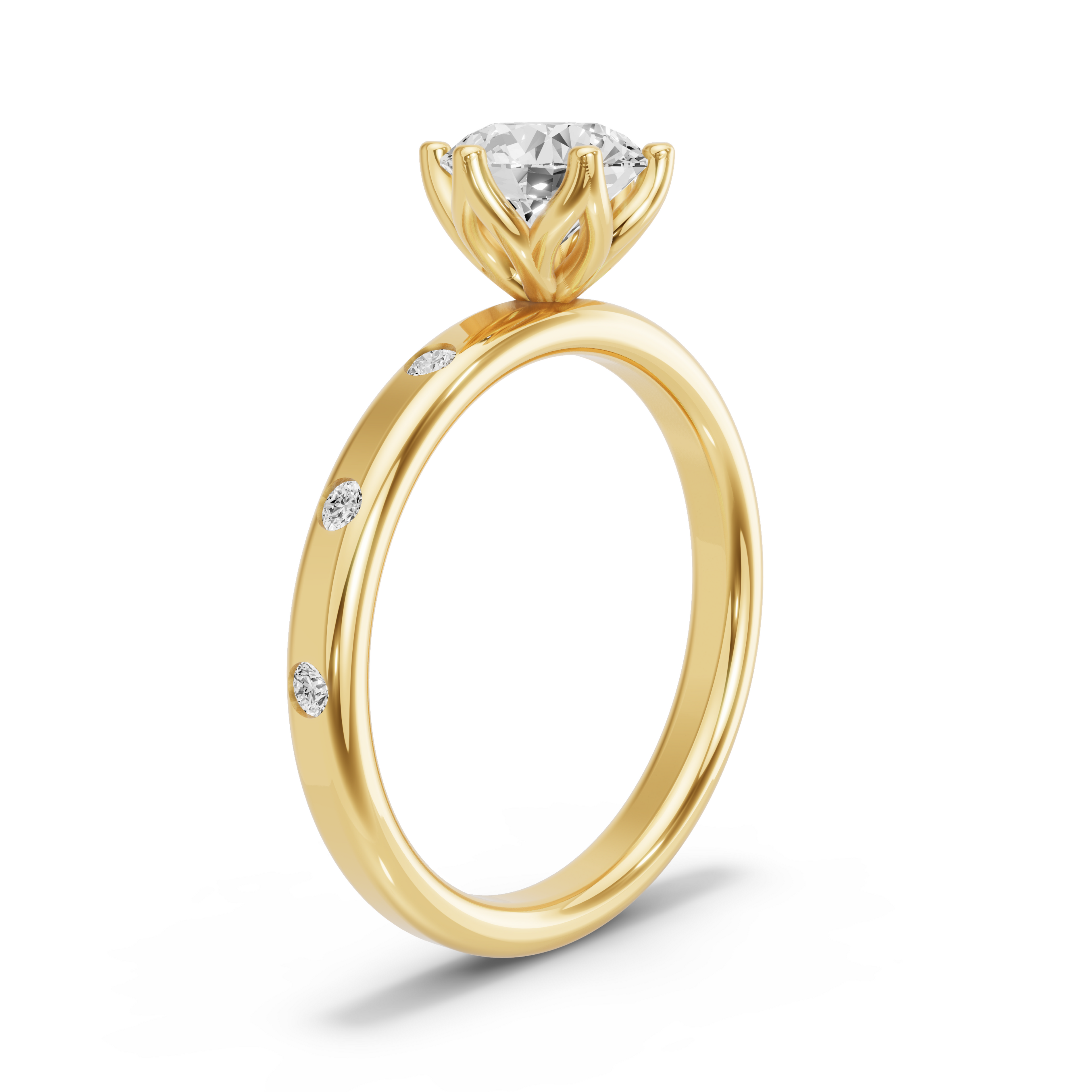 Image for Round Scallopes Six Prongs Ring with Sleek Accent band in 10K Yellow Gold