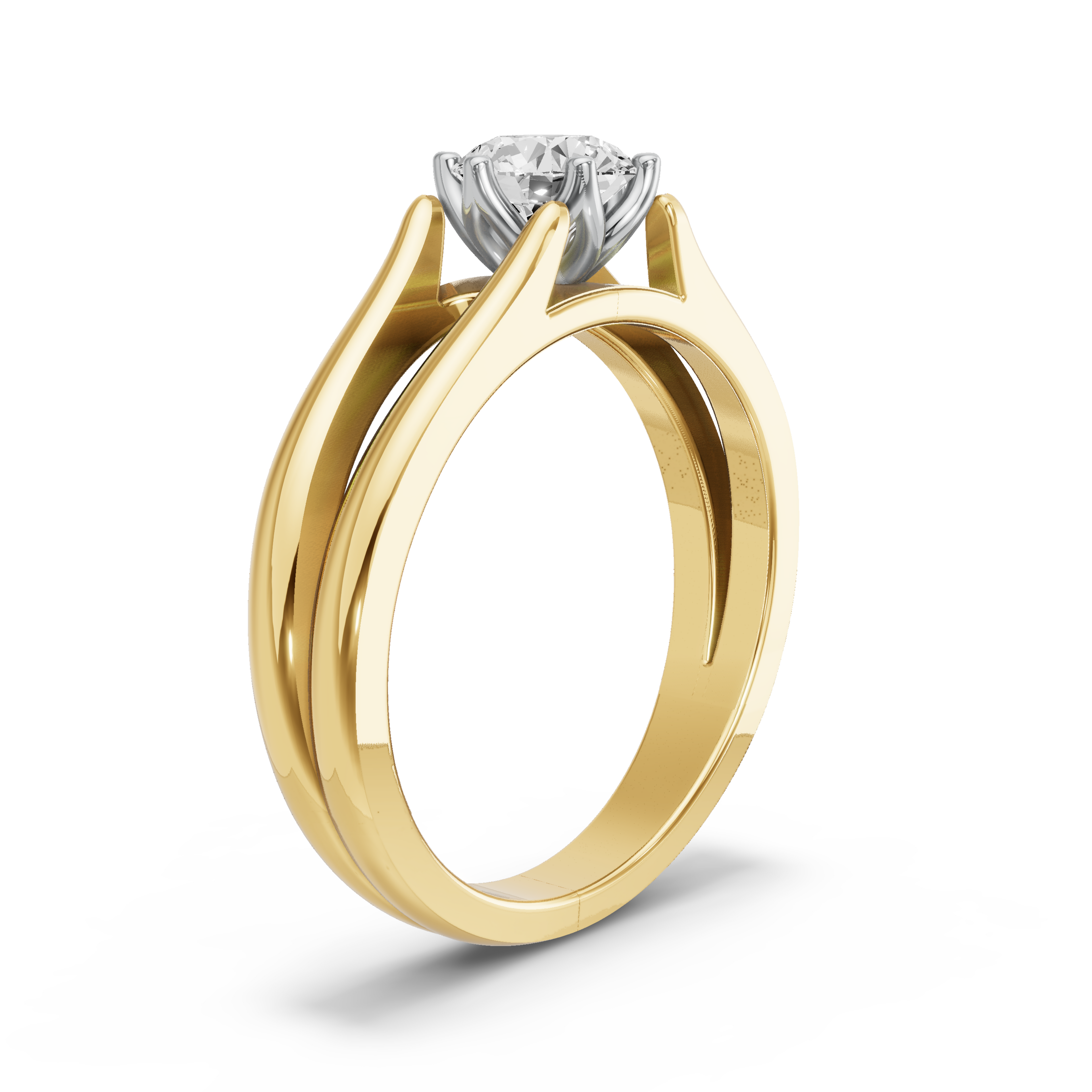 Image for Round Scallopes Six Prongs Ring with Split Ring Solitaire band in 18K Two Tone Yellow Gold