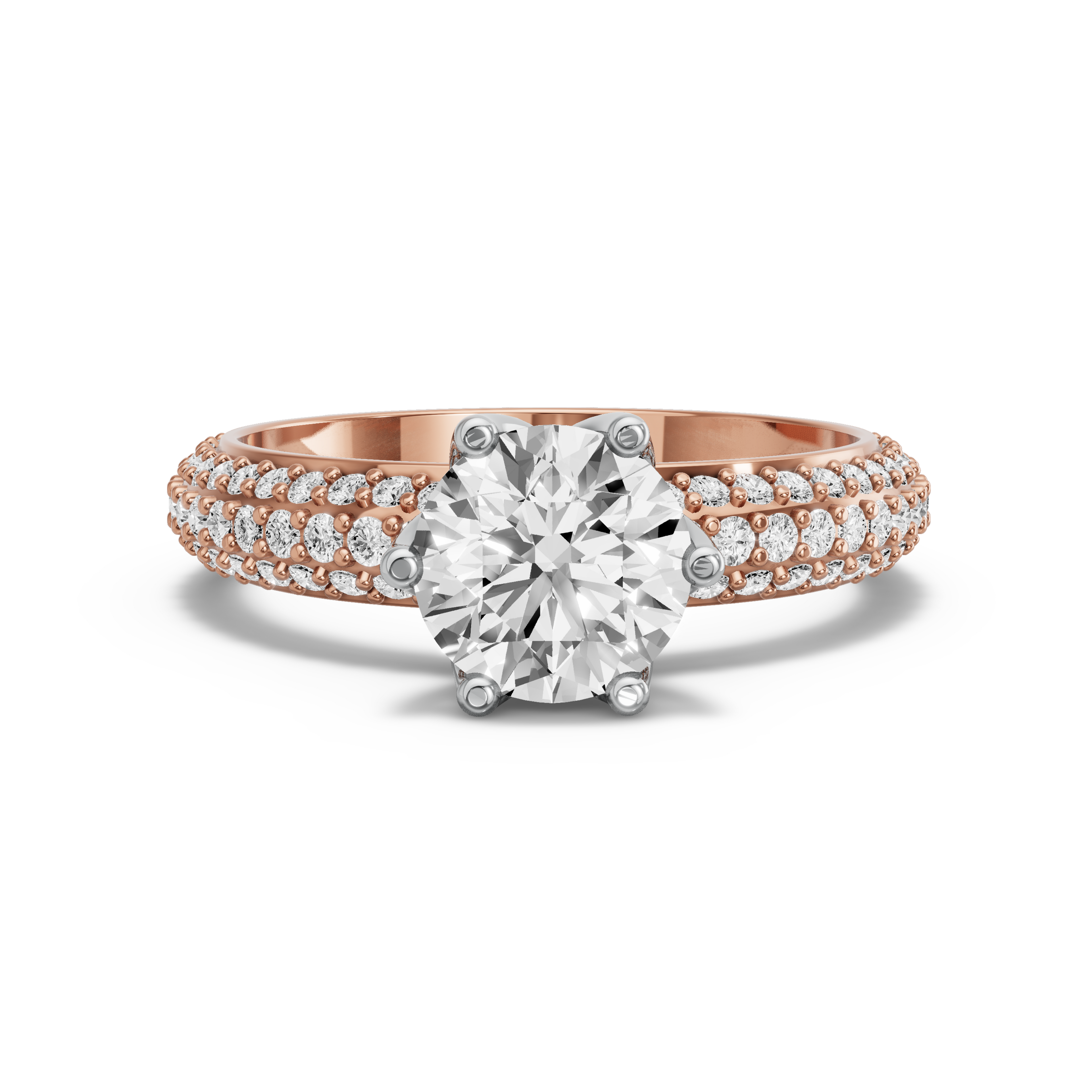 Image for Round Scallopes Six Prongs Ring with Triple Row Pave band in 10K Two Tone Rose Gold