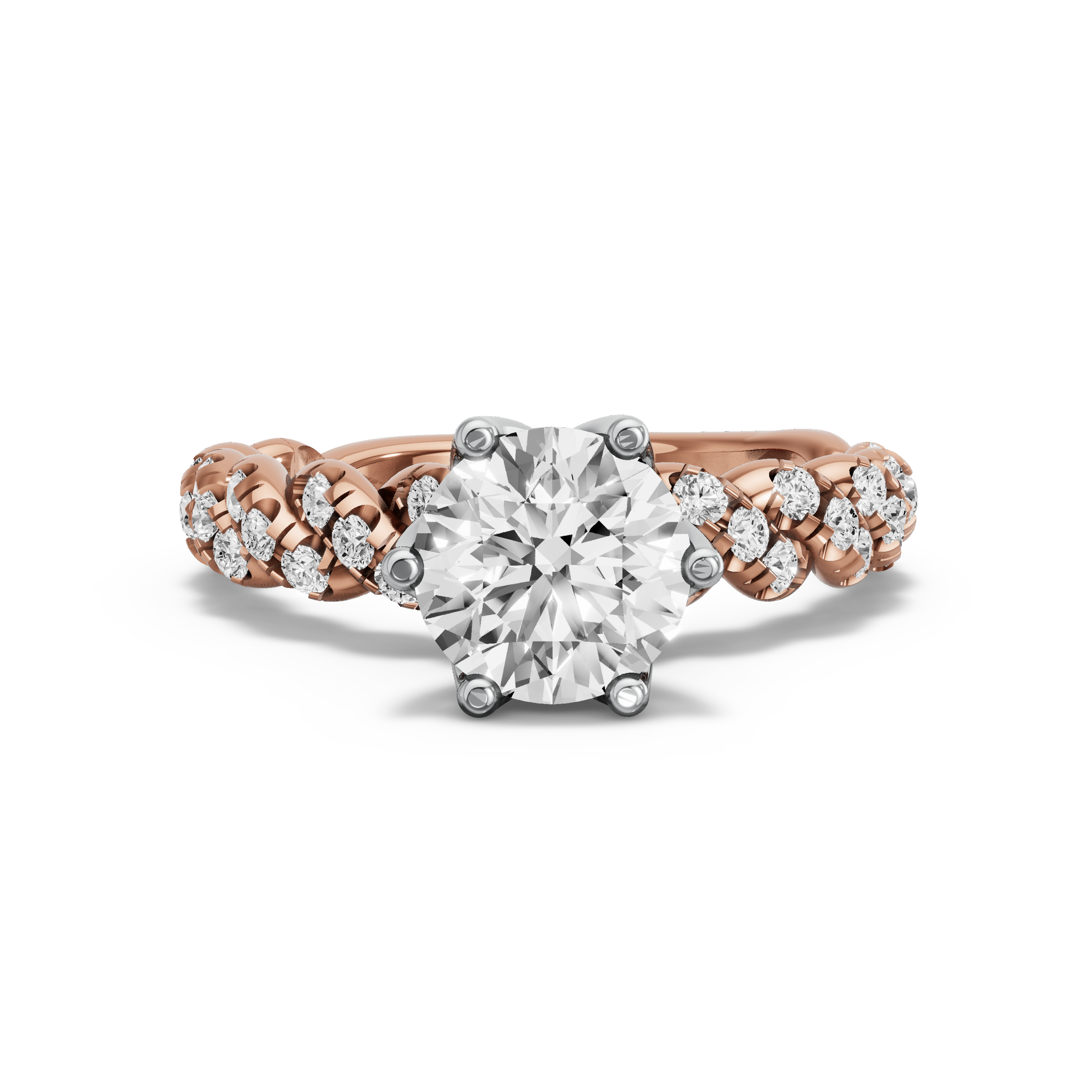 Image for Round Scallopes Six Prongs Ring with Twist Pave band in 18K Two Tone Rose Gold